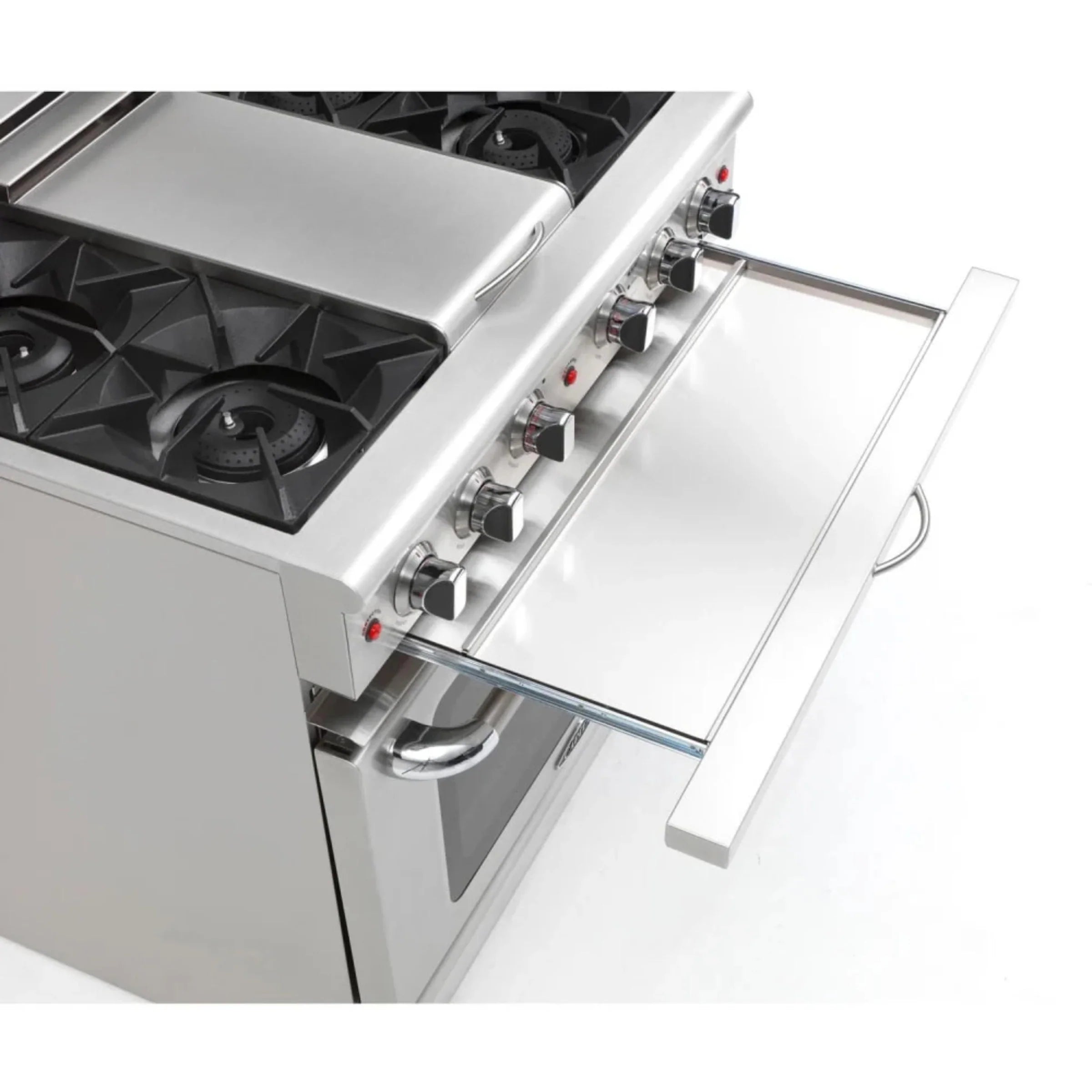 Stainless steel gas range cooktop with burner grates and control knobs