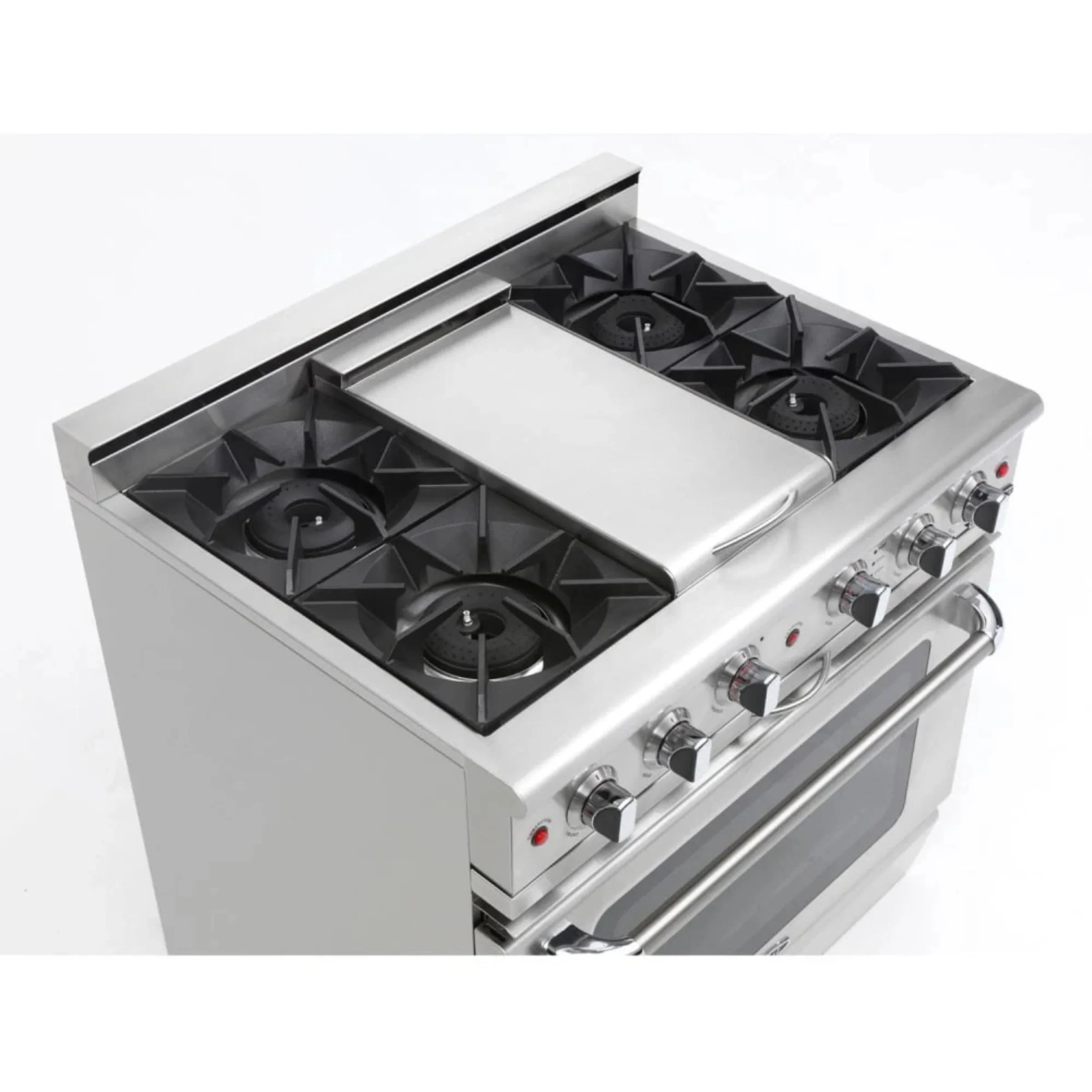 Stainless steel gas range cooktop with two burners and built-in griddle
