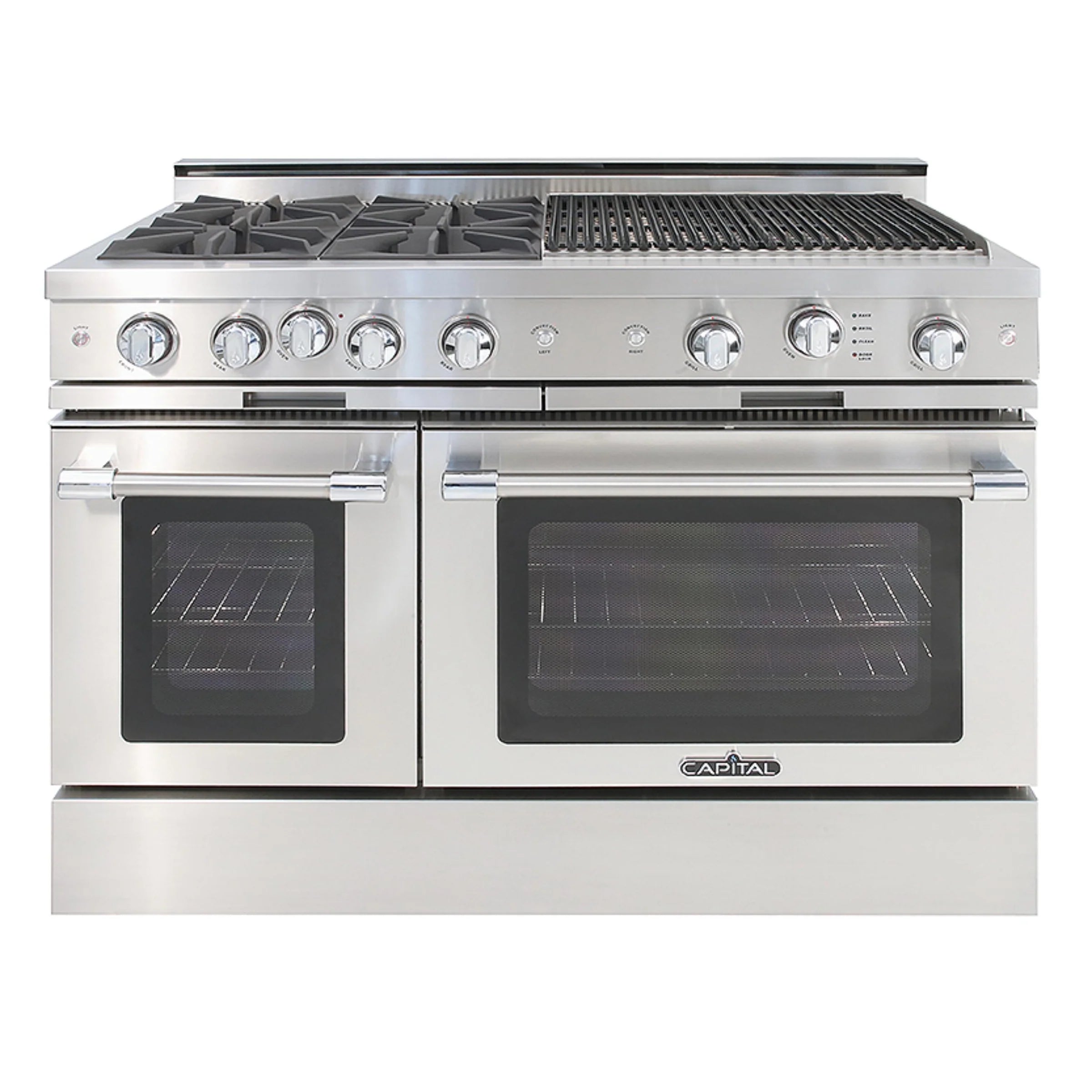 Stainless gas range with 4 open burners, grill grates, and two oven doors