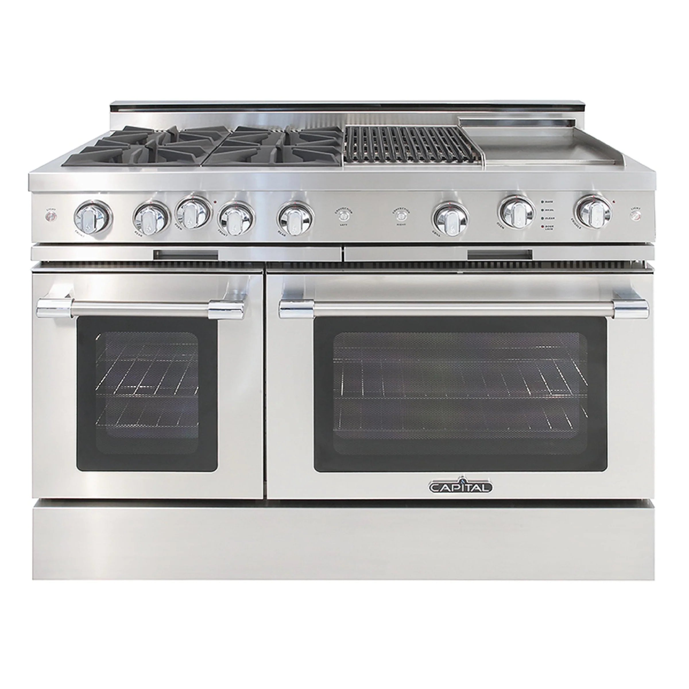 48-inch stainless steel gas range with four burners, grill and griddle, front view