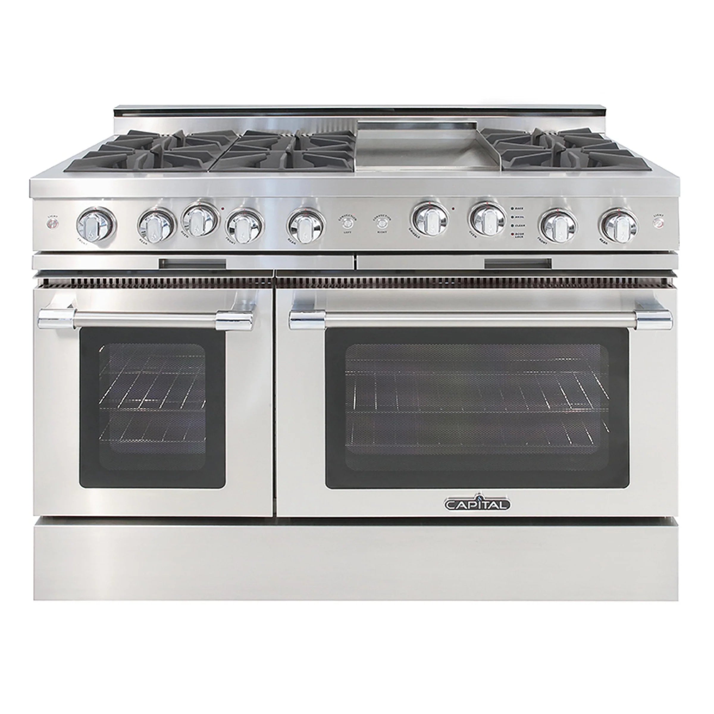 Stainless steel 48-inch gas range with 6 burners, griddle, and two oven doors
