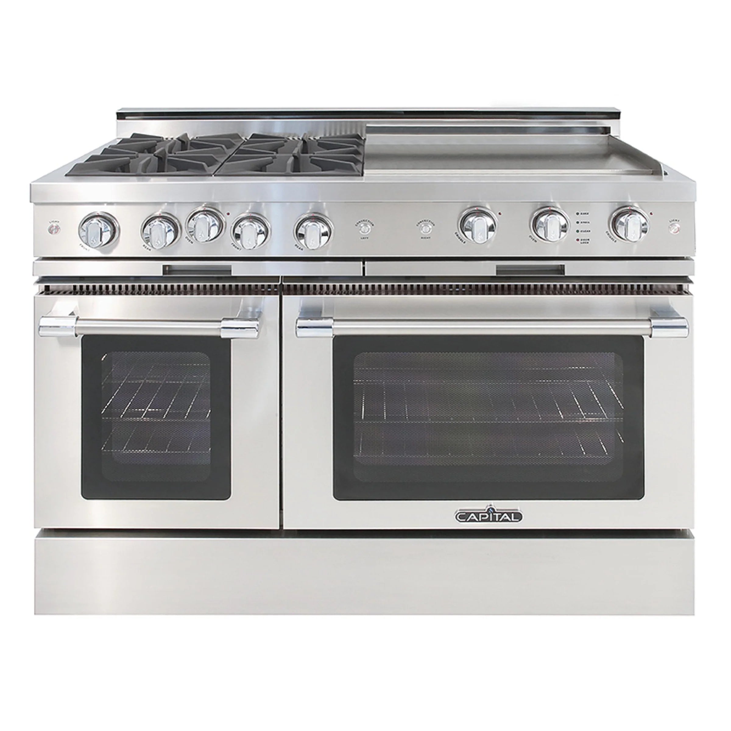 Stainless steel 48-inch gas range with four open burners and dual ovens
