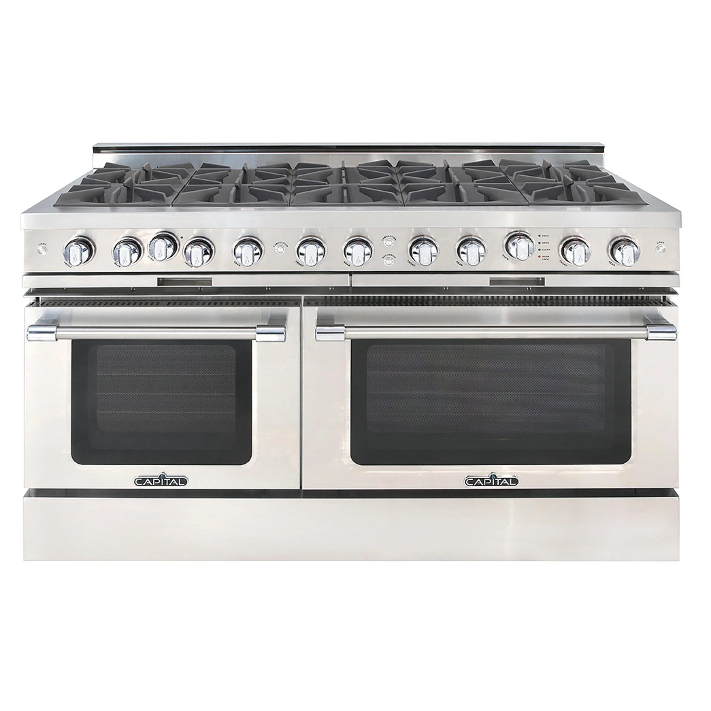 Stainless steel gas range with 10 open burners and two oven doors, front view