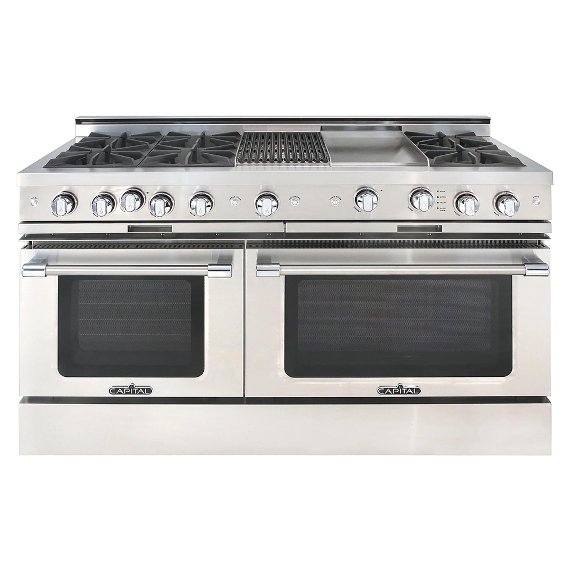 Stainless steel 60-inch gas range with two ovens and six open burners, griddle and grill