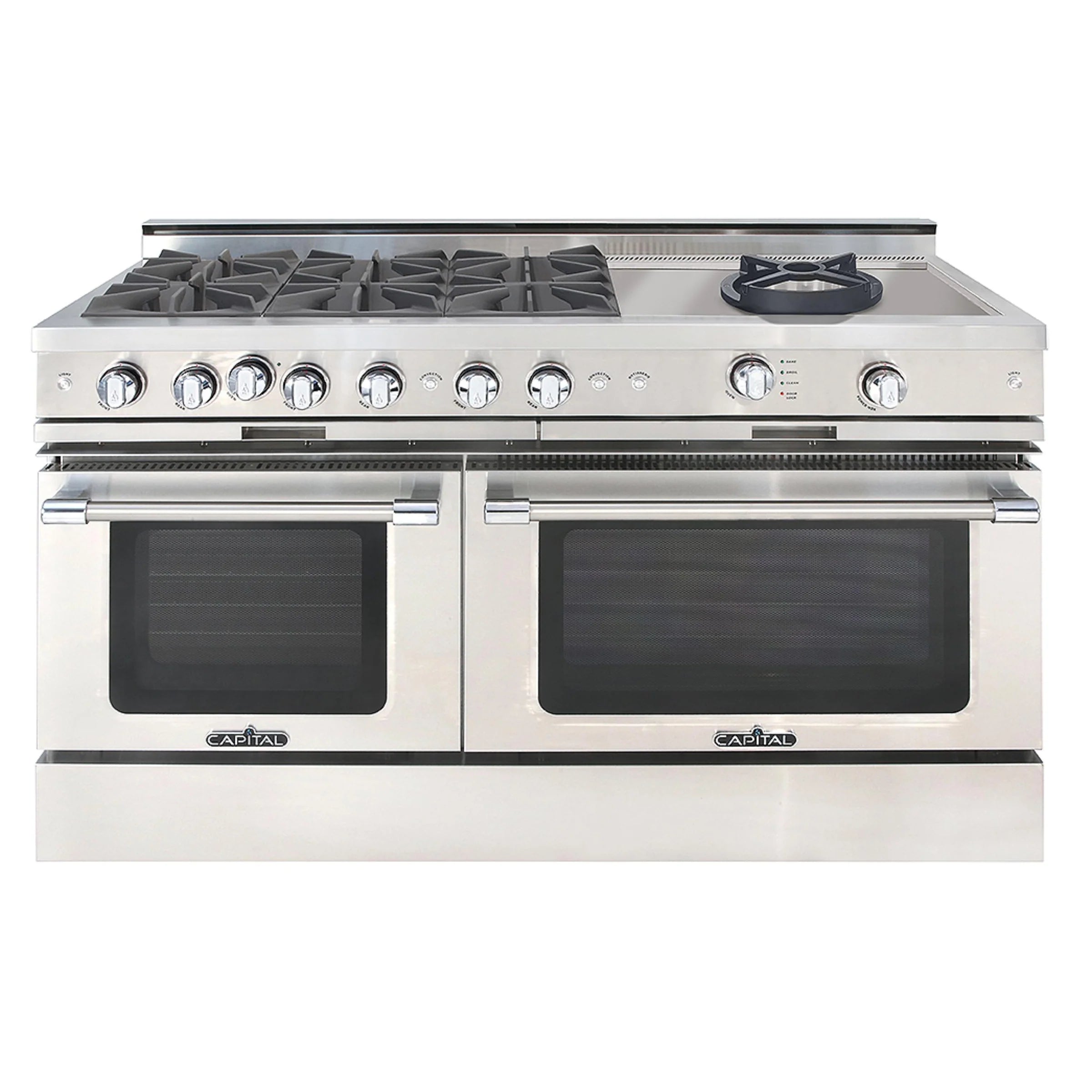 Stainless steel 6-burner gas range with two oven doors and burner knobs