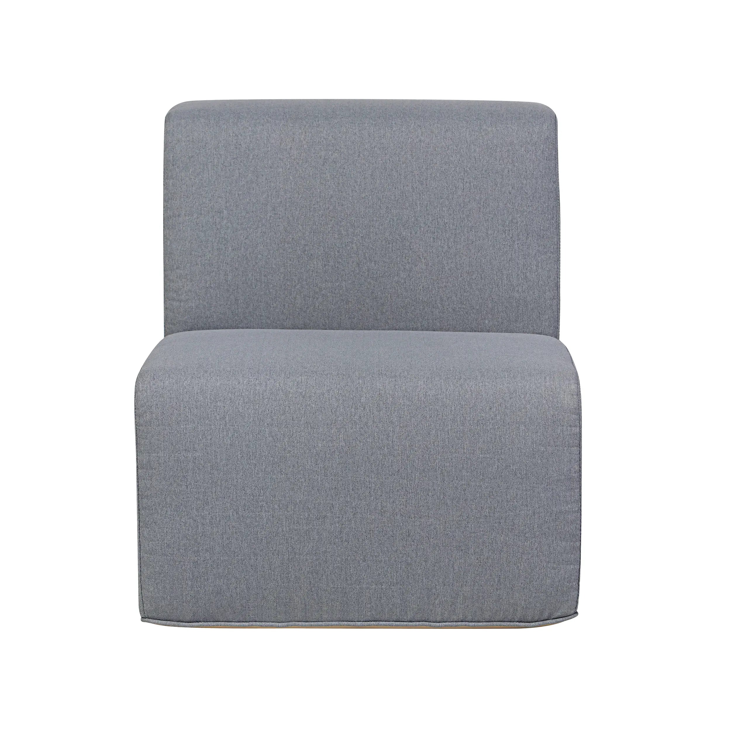 Gray armless sectional sofa chair with tall back and upholstered seat