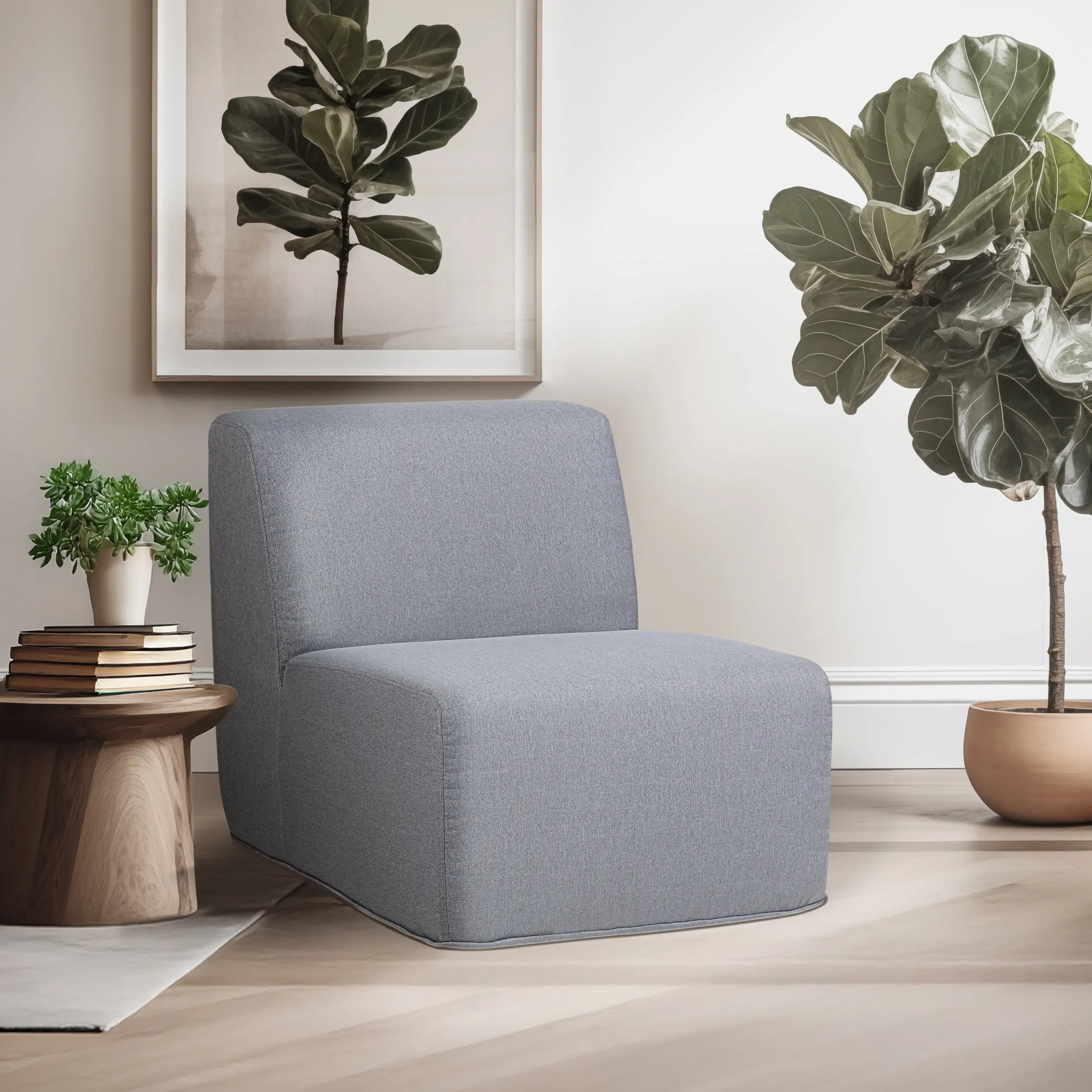 Gray armless accent chair with tall back and cushioned seat