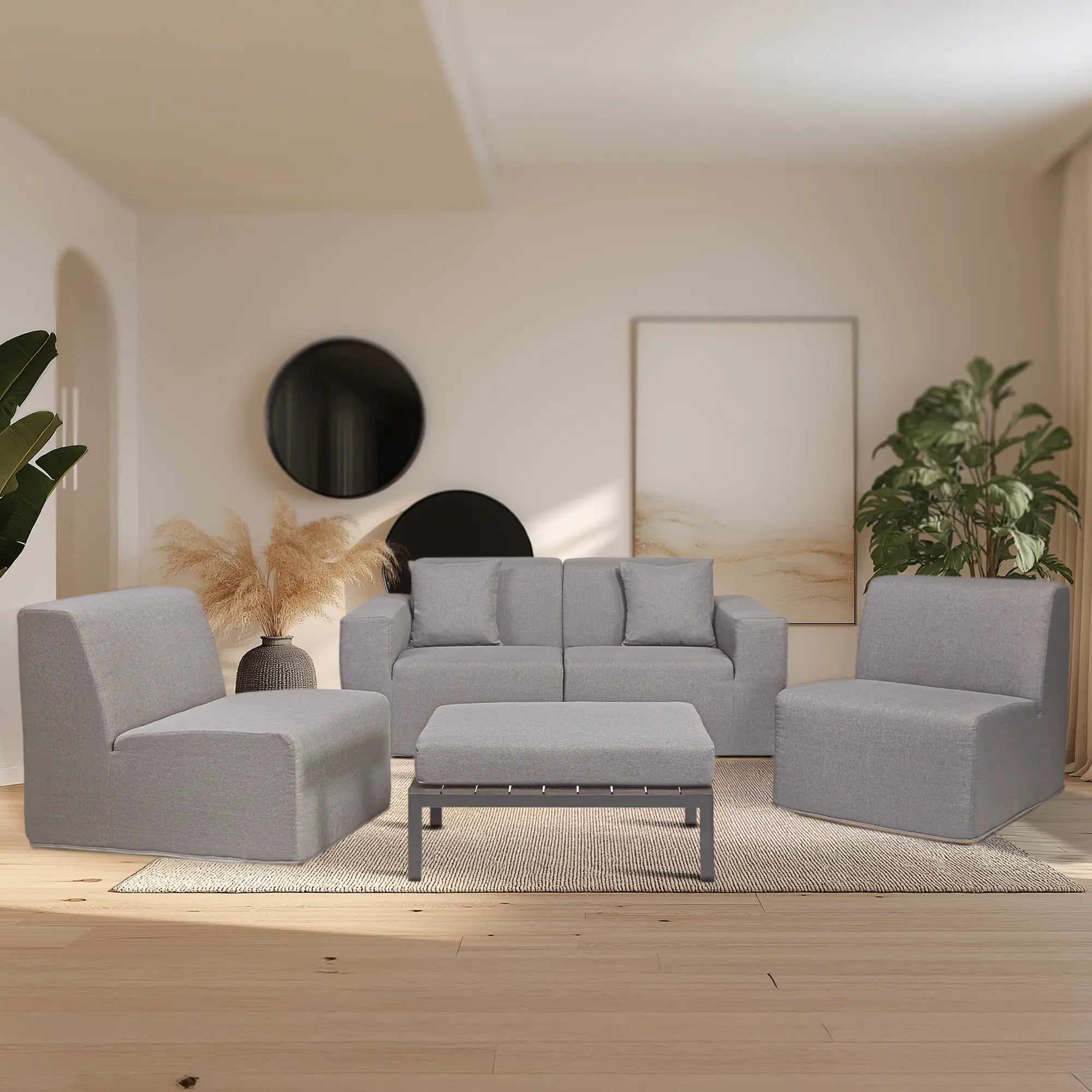 Gray sectional sofa and ottoman seating set, four-piece layout with armrests