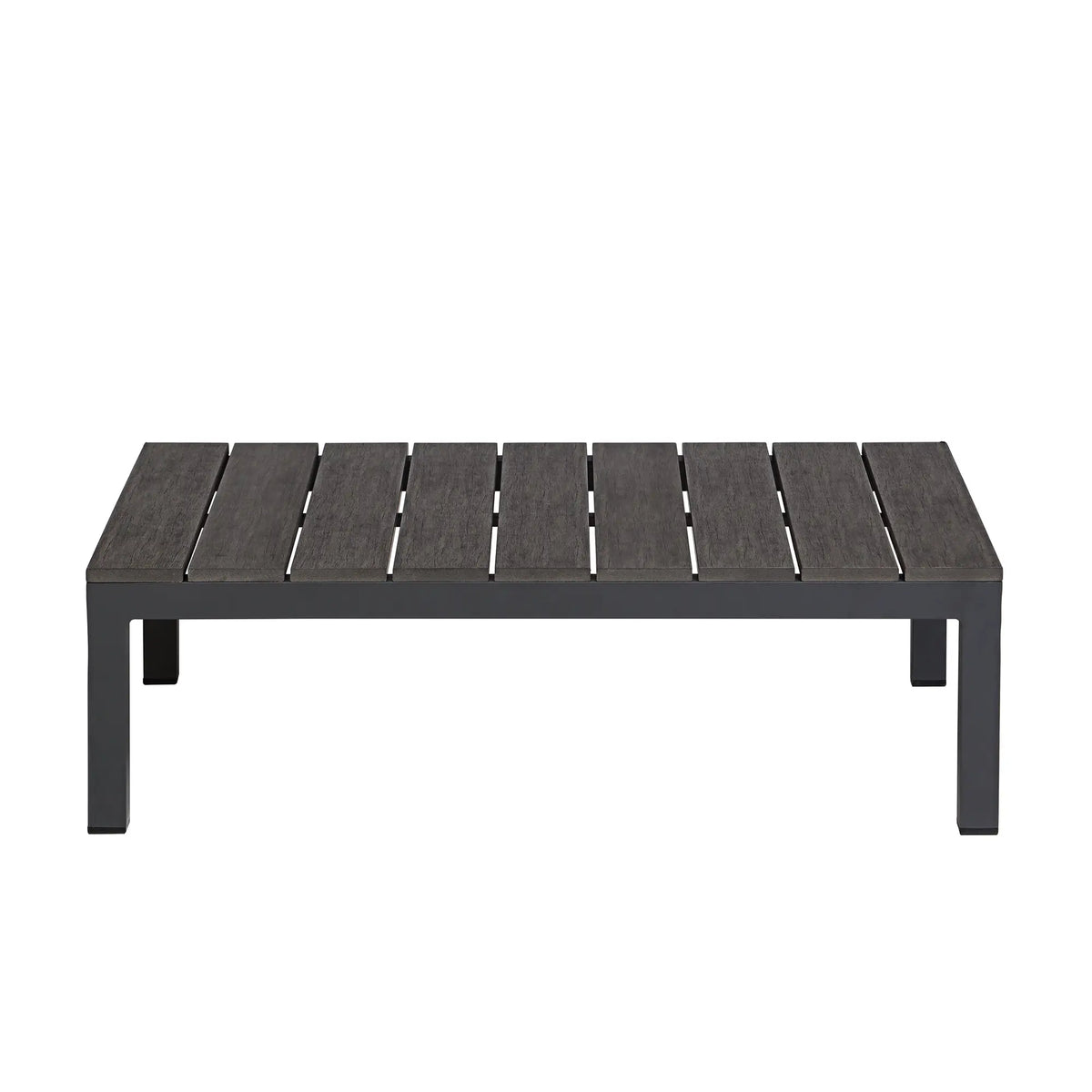 Gray rectangular ottoman top with segmented cushions and black metal frame