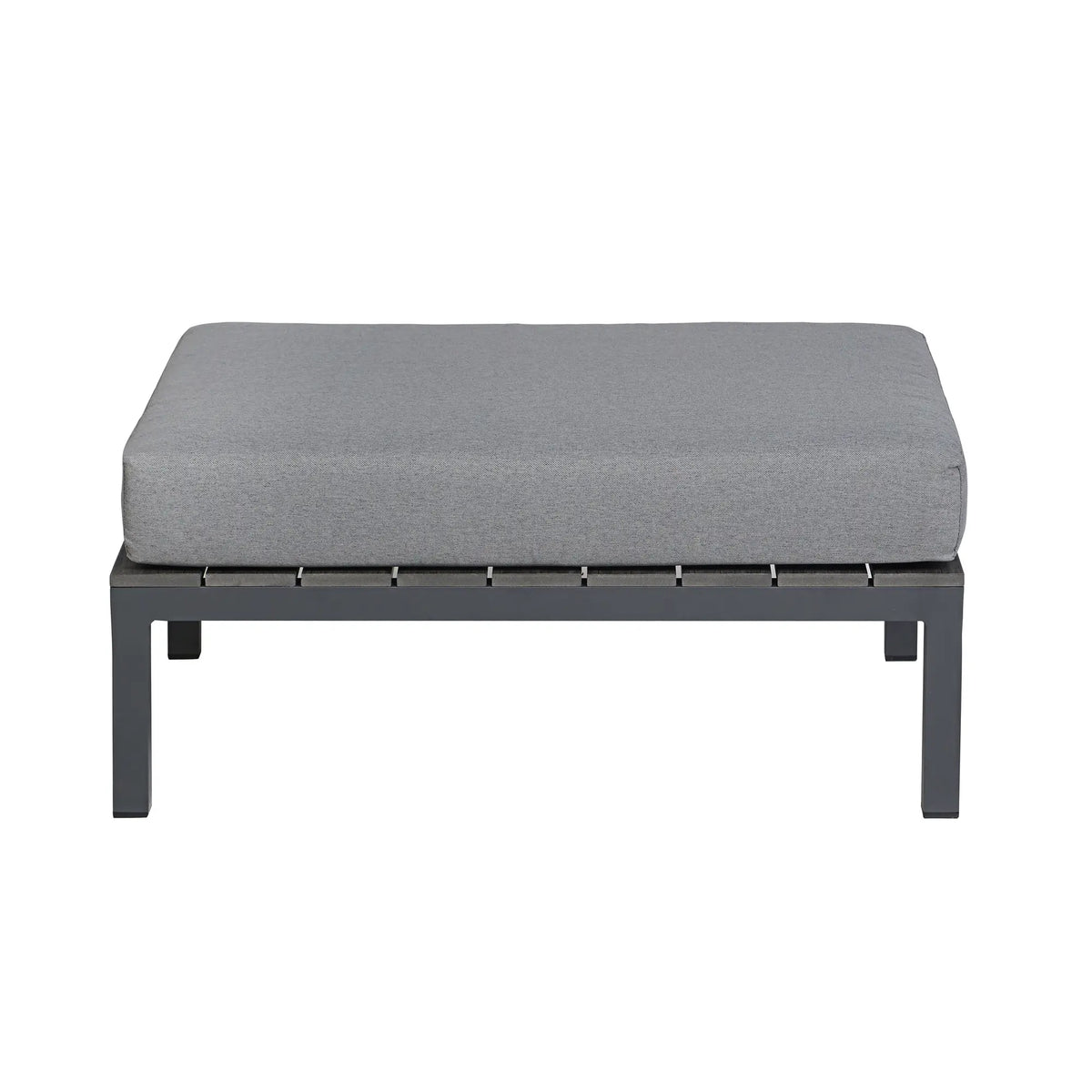 Gray rectangular ottoman with padded top and black metal legs