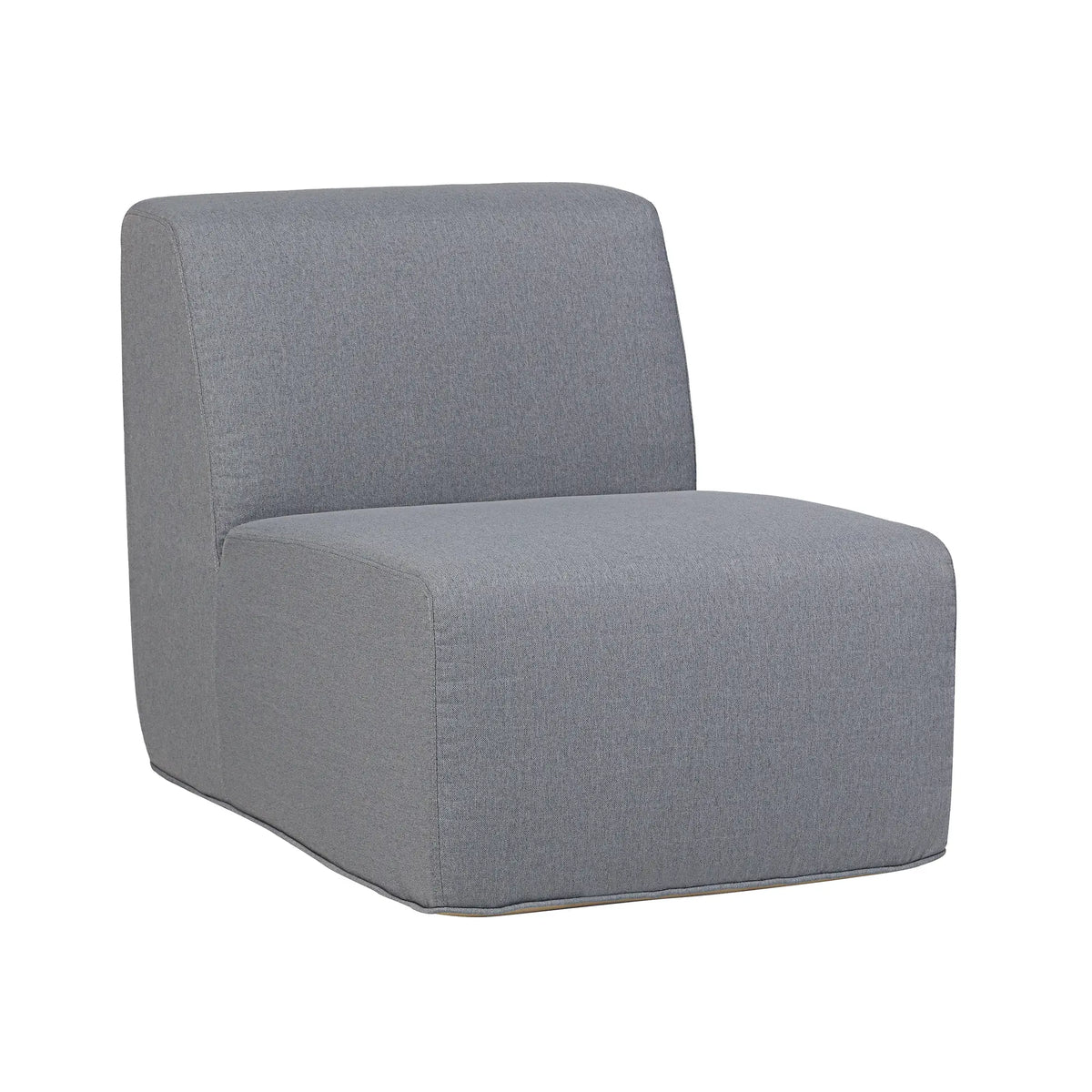 Gray upholstered armchair with rounded back and thick seat cushions