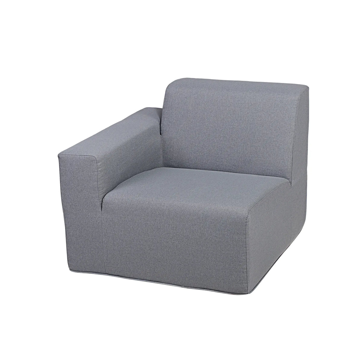 Gray upholstered armchair with tall backrest and side arm profile