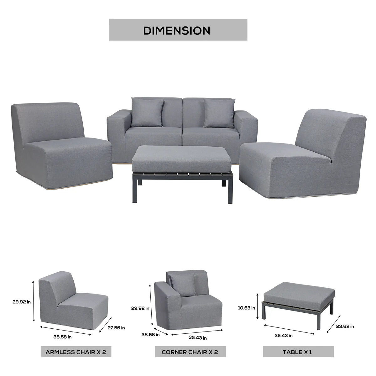 Gray sectional seating set shown with coffee table and matching armchairs