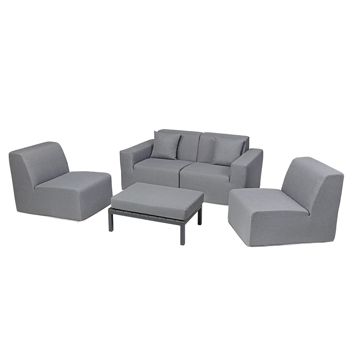 Gray sectional seating set featuring sofa, two armchairs, and ottoman coffee table