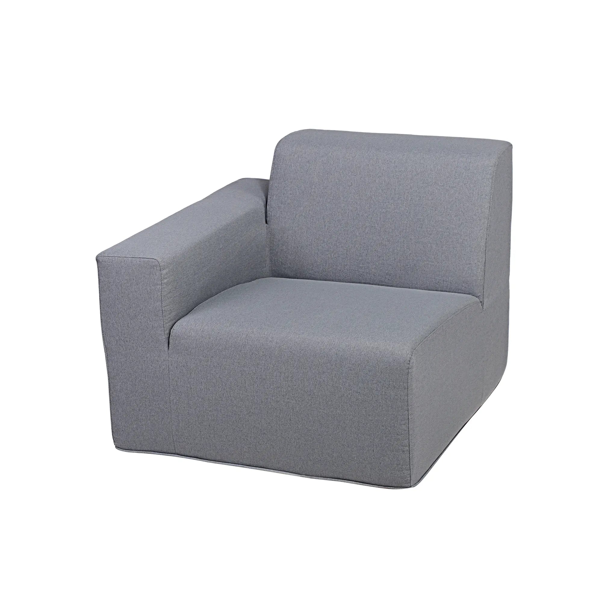 Gray sectional corner chair with rounded arms, back cushion, and compressed foam
