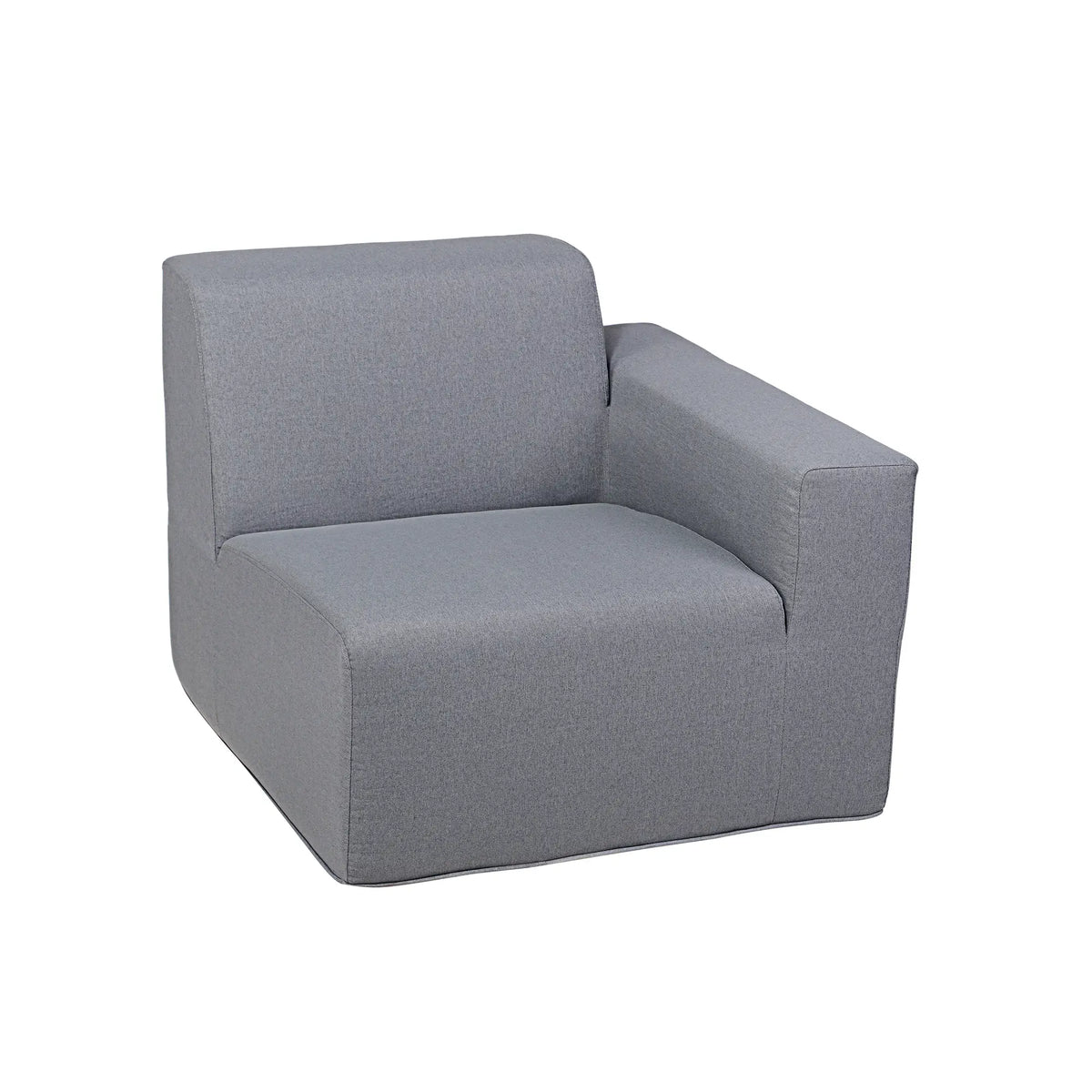 Gray sectional corner chair with padded back, seat cushion, and rounded armrests