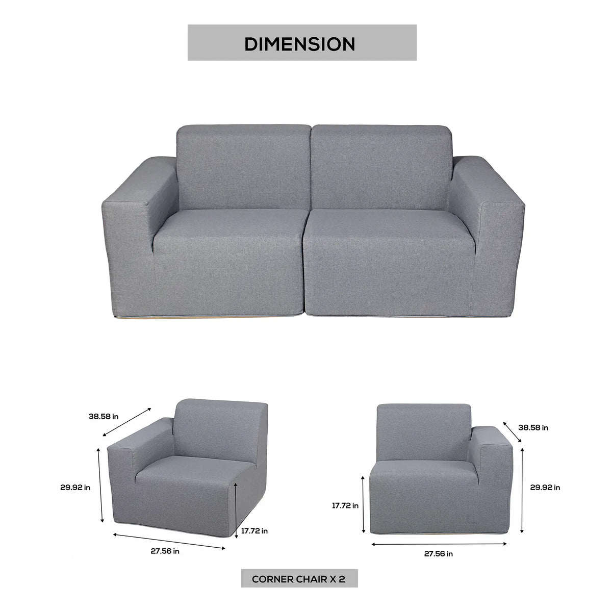 Gray two-piece sectional sofa with two seat units and matching back cushions