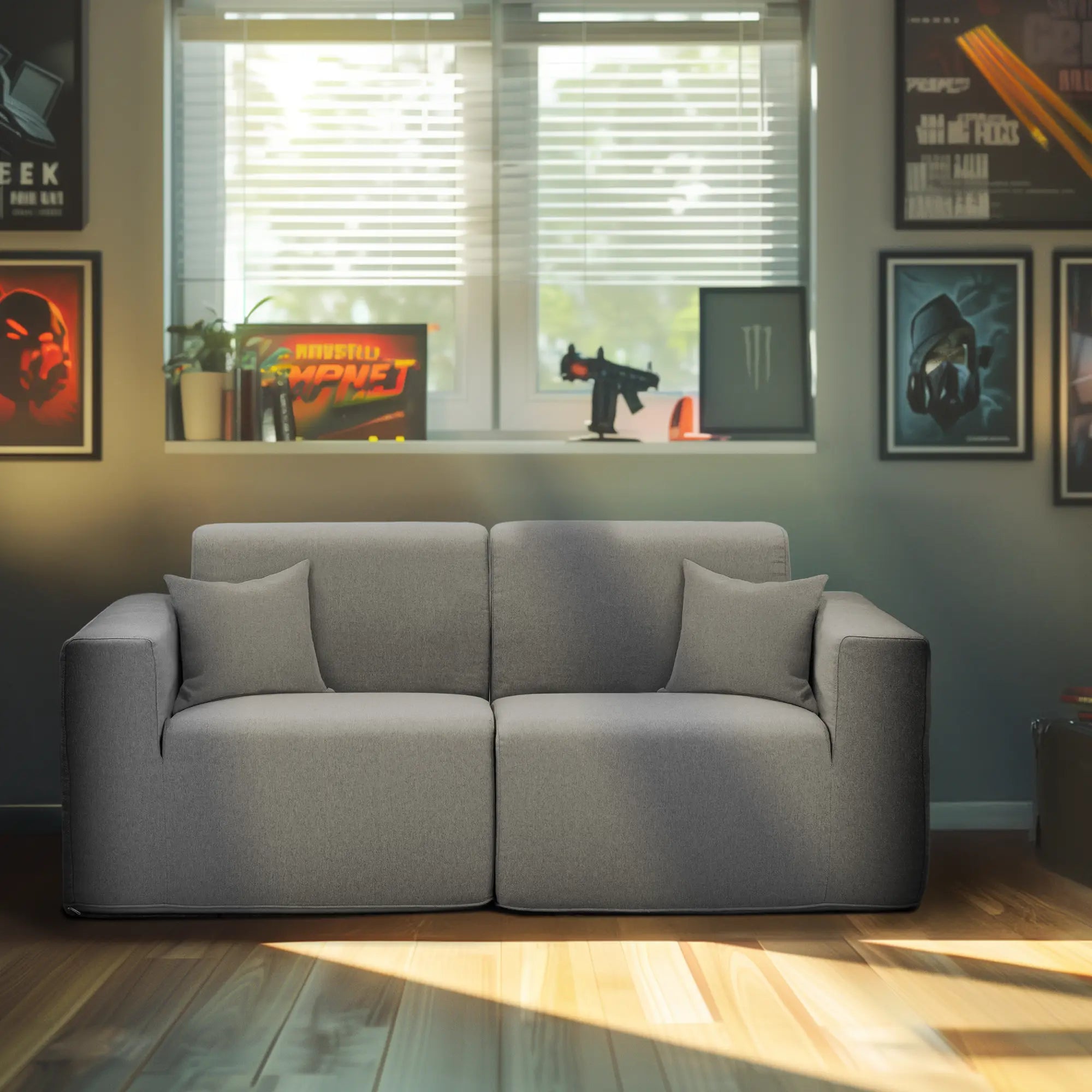 Gray two-piece sectional sofa with two seat cushions and two back cushions