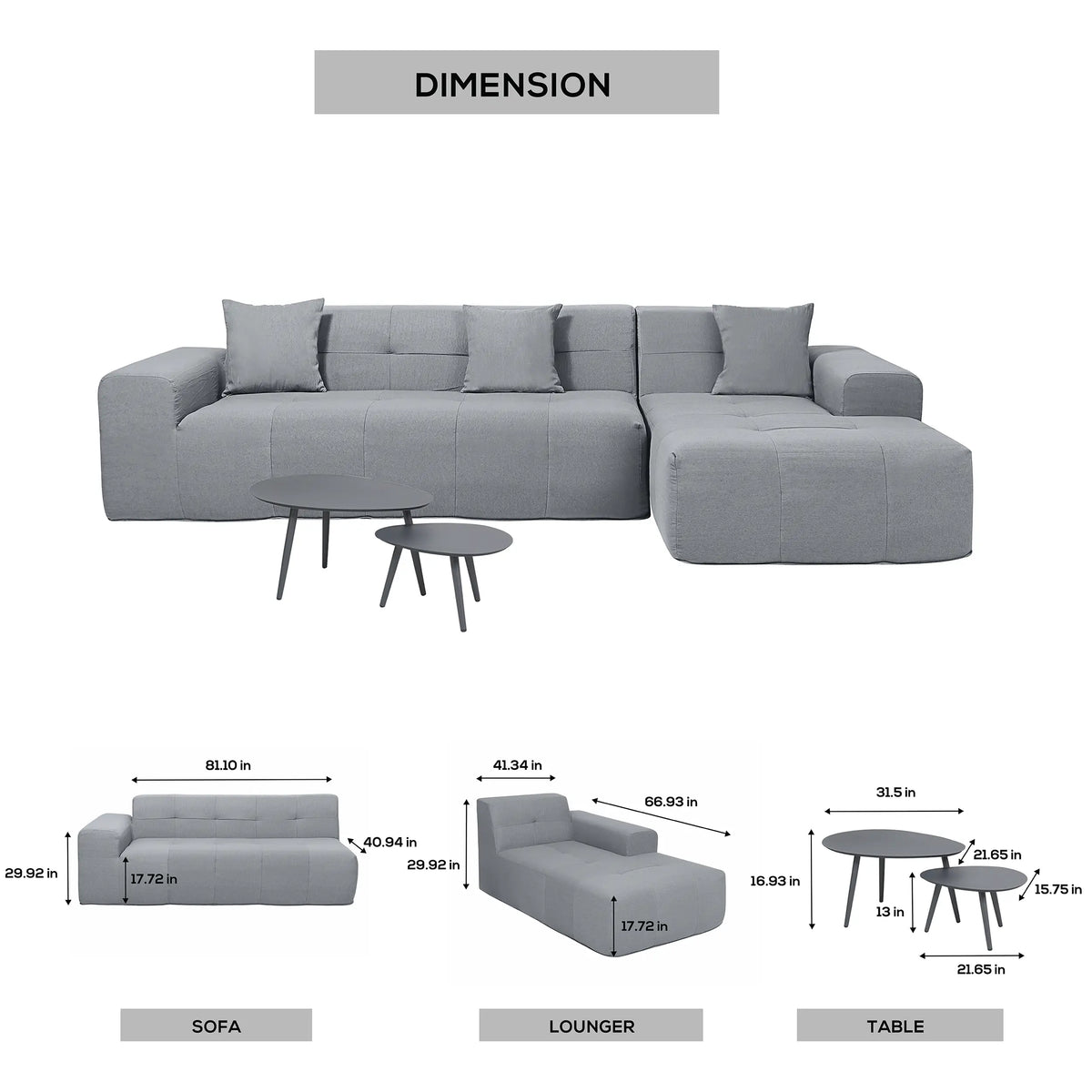 Gray sectional sofa with chaise lounger and two round accent tables