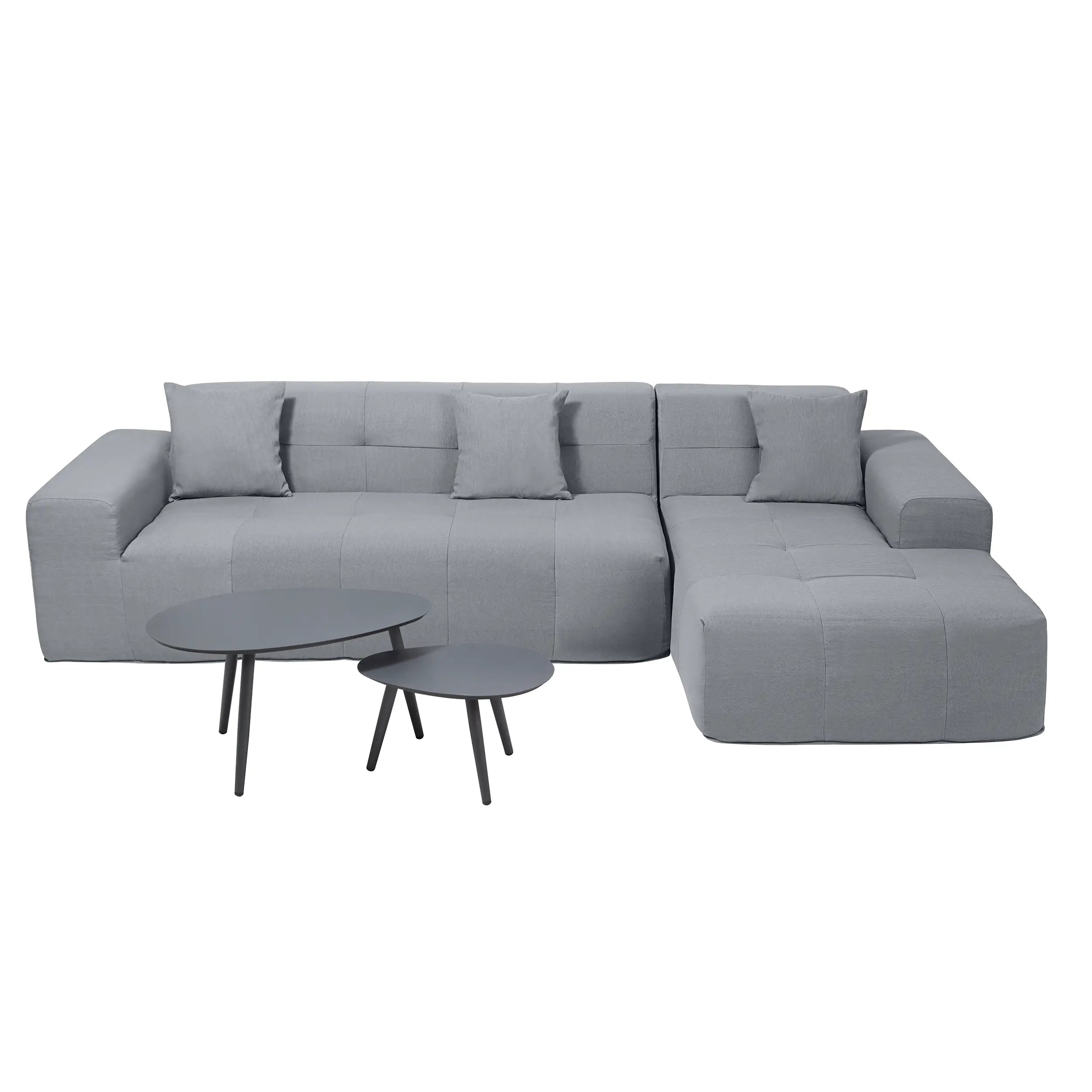 Gray sectional sofa with chaise corner and two round nesting side tables