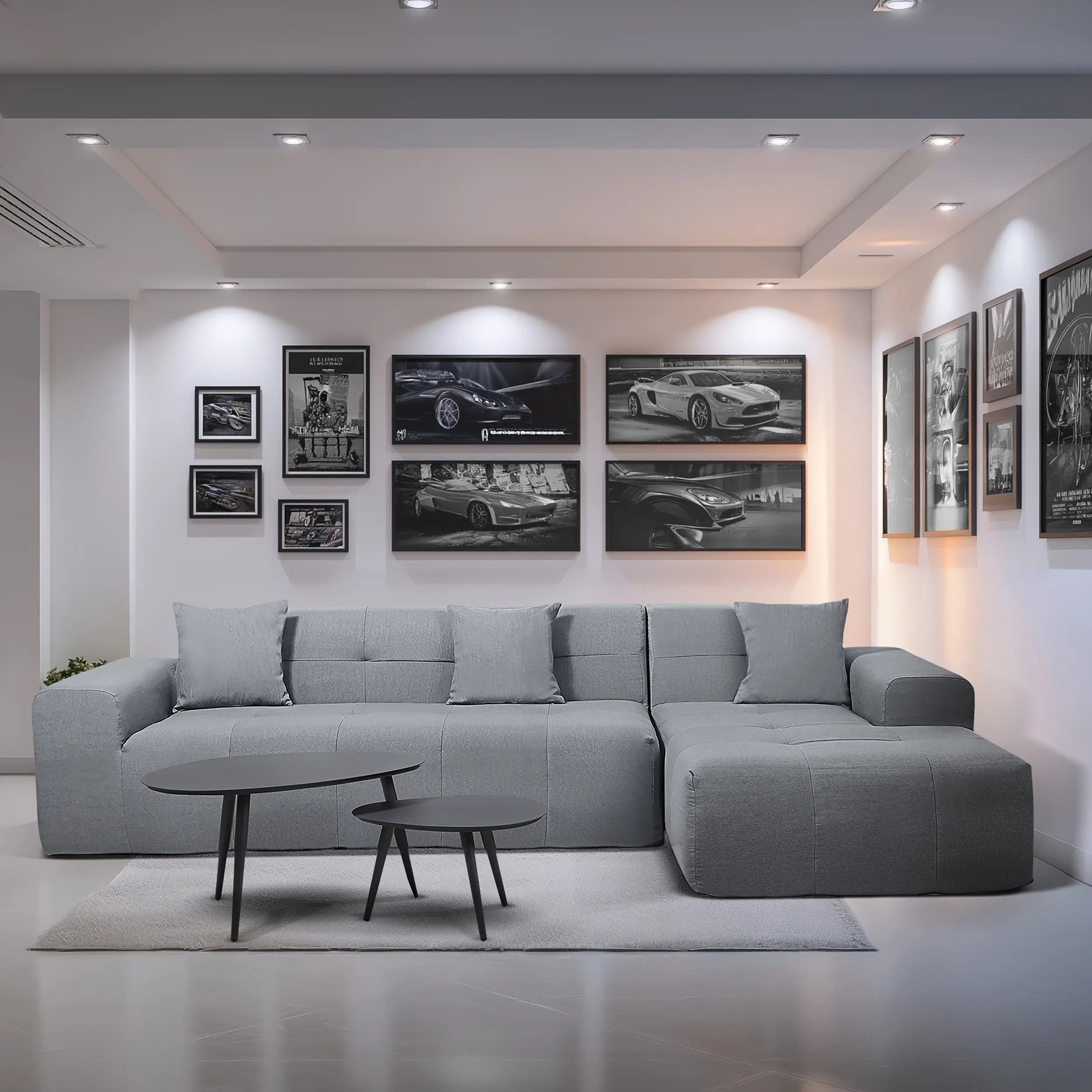 Gray sectional sofa set with chaise extension and two round nesting tables
