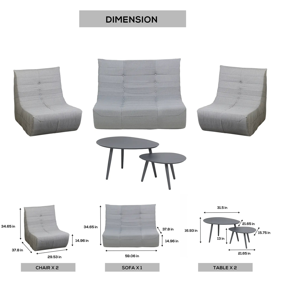Gray foam seating set diagram with two chairs, sofa, and two round side tables