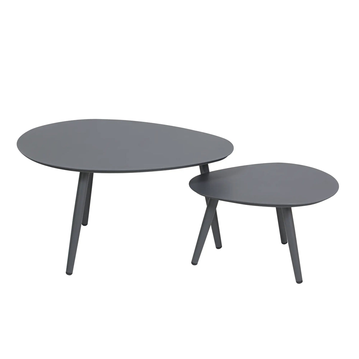 Oval gray nesting coffee table set with two tabletop sizes and tapered legs