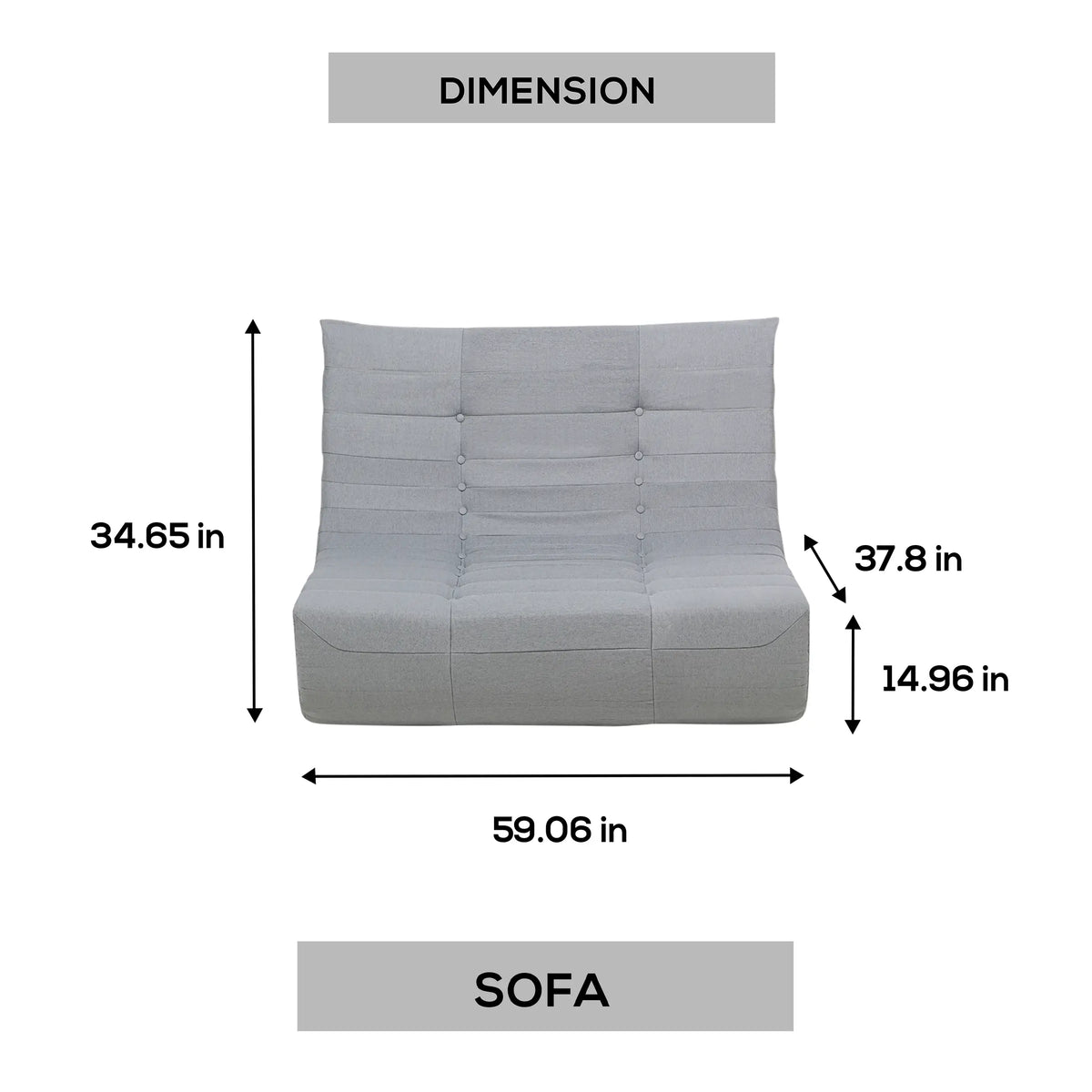 Gray compressed foam sofa with button-tufted back and padded arms