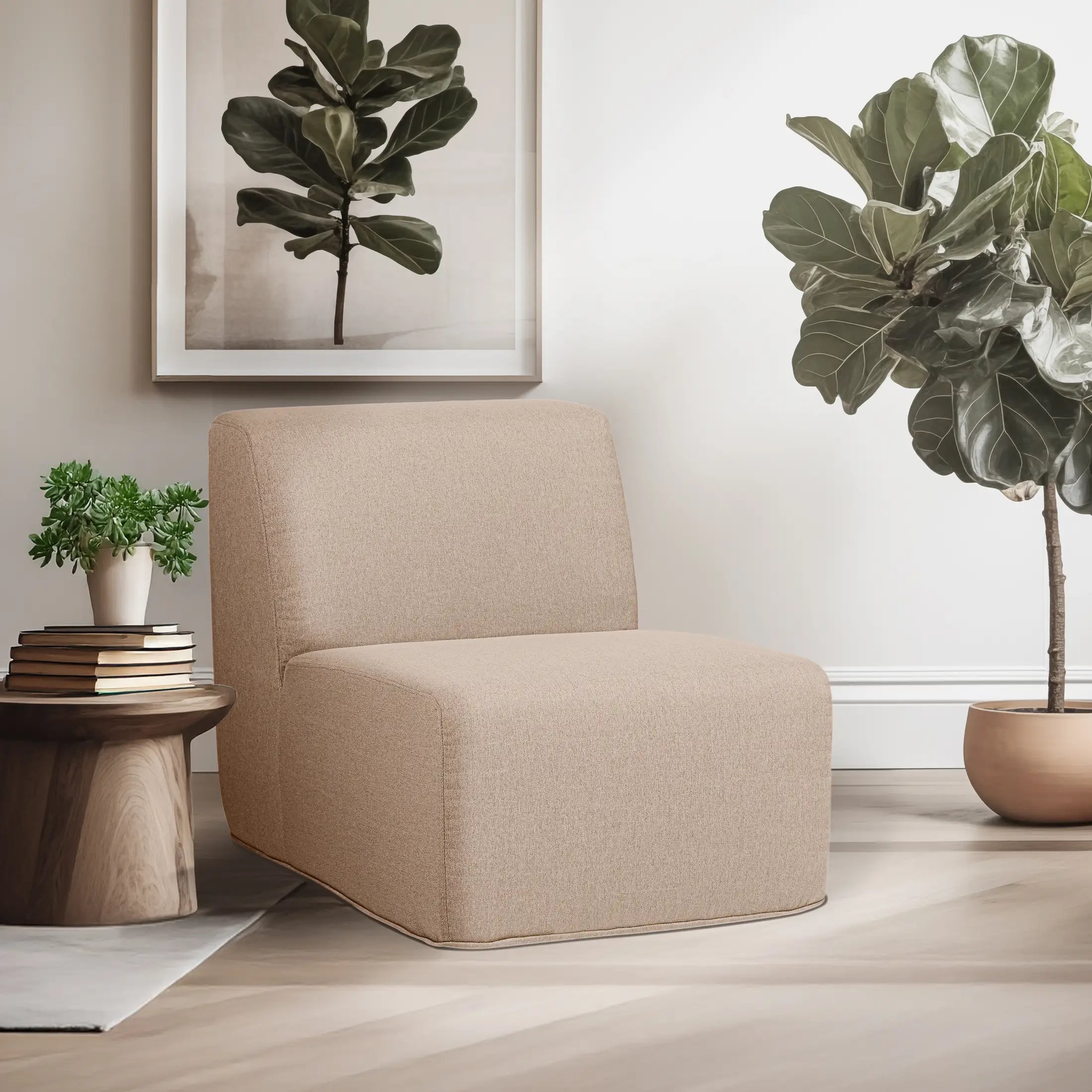 Tan armless sofa chair with squared seat and back, textured upholstered fabric