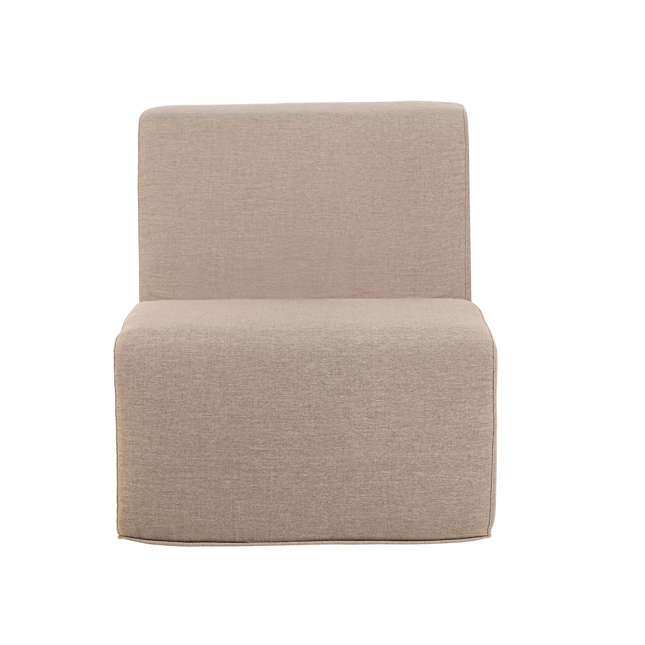 Tan armless chair with tall backrest and low-profile seat cushion