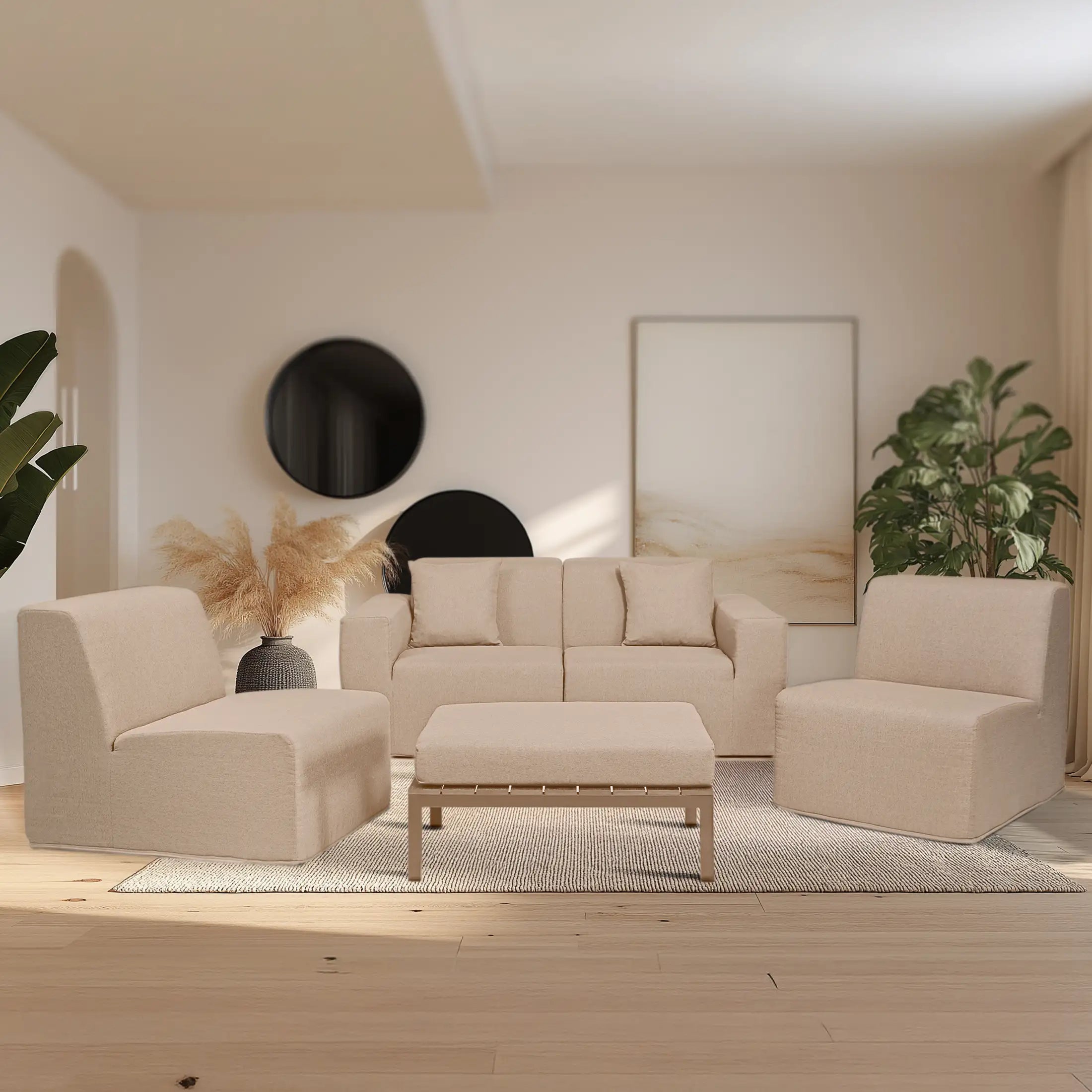 Beige sectional sofa set with ottoman table and matching side chairs