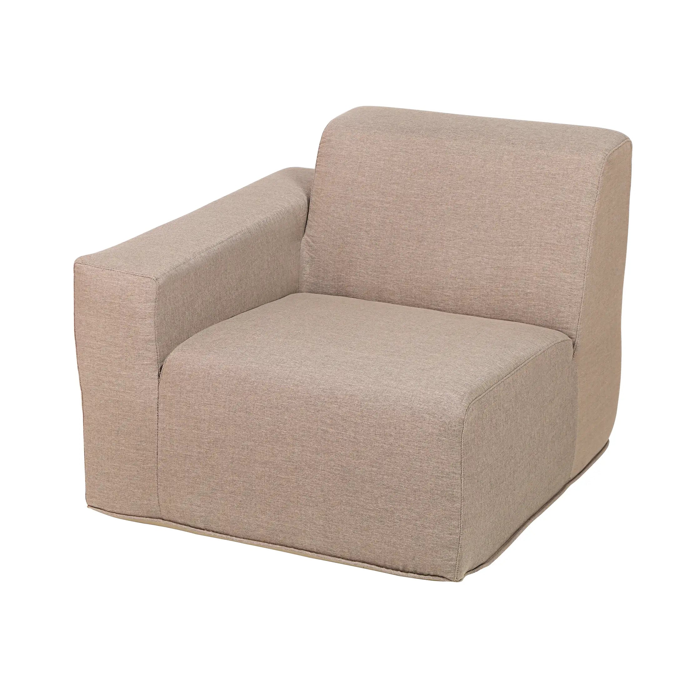 Corner chair sectional sofa in light brown fabric with square seat and back cushion.