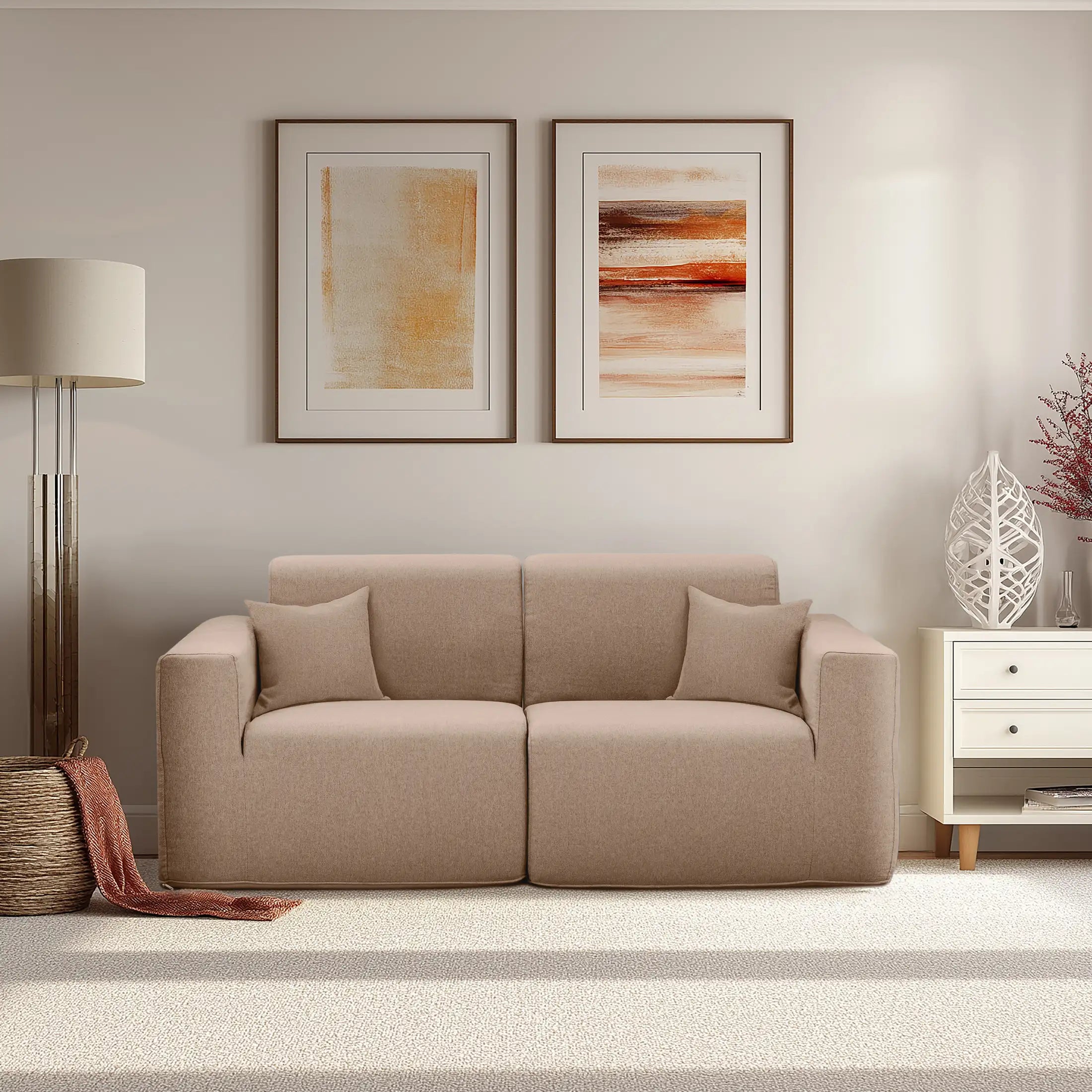 2-piece sectional sofa set in light brown fabric with two seat sections and pillows.