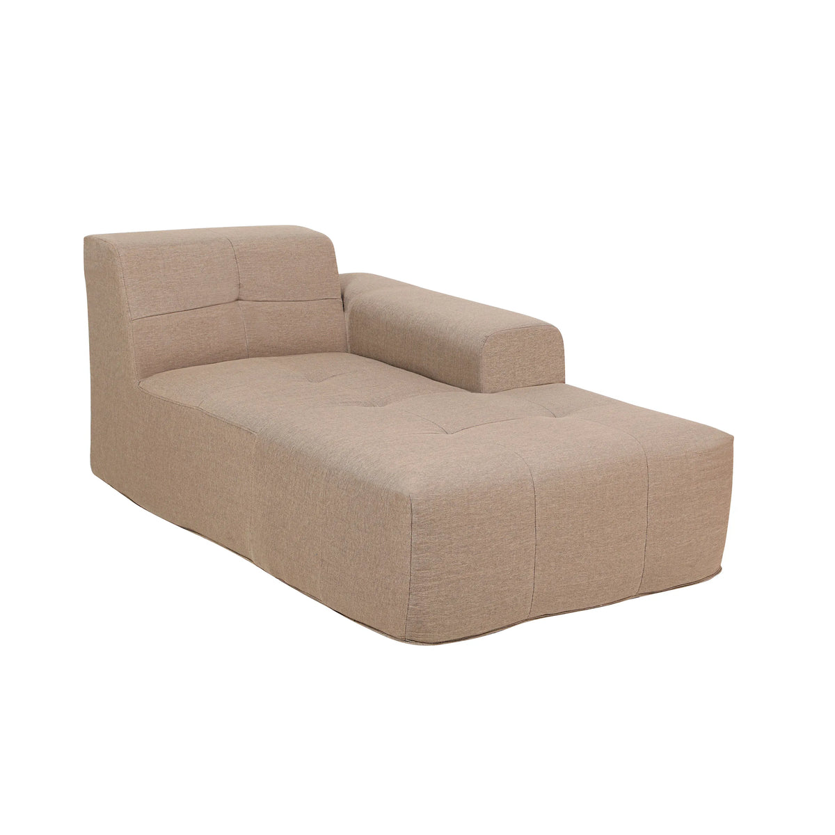 Tan sectional lounger with padded backrest and chaise seat