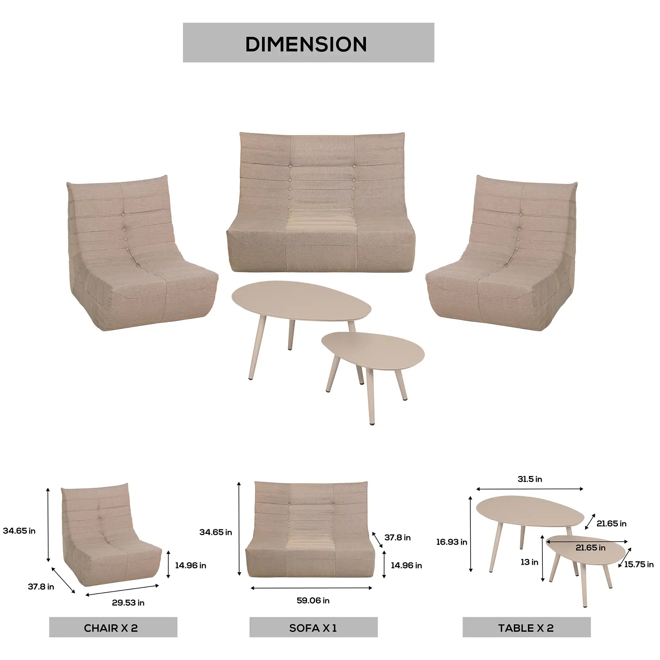 Compressed foam loveseat set in brown: sofa, 2 chairs, and 2 round side tables.