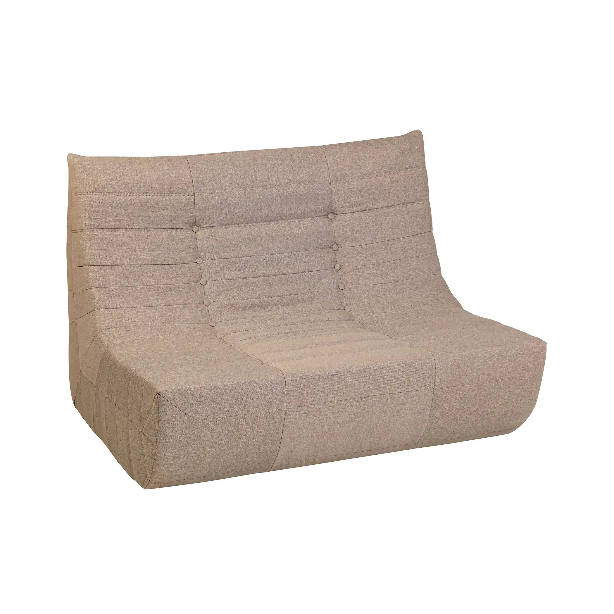 Taupe-brown compressed foam armchair, front view with tufted seat and curved arms