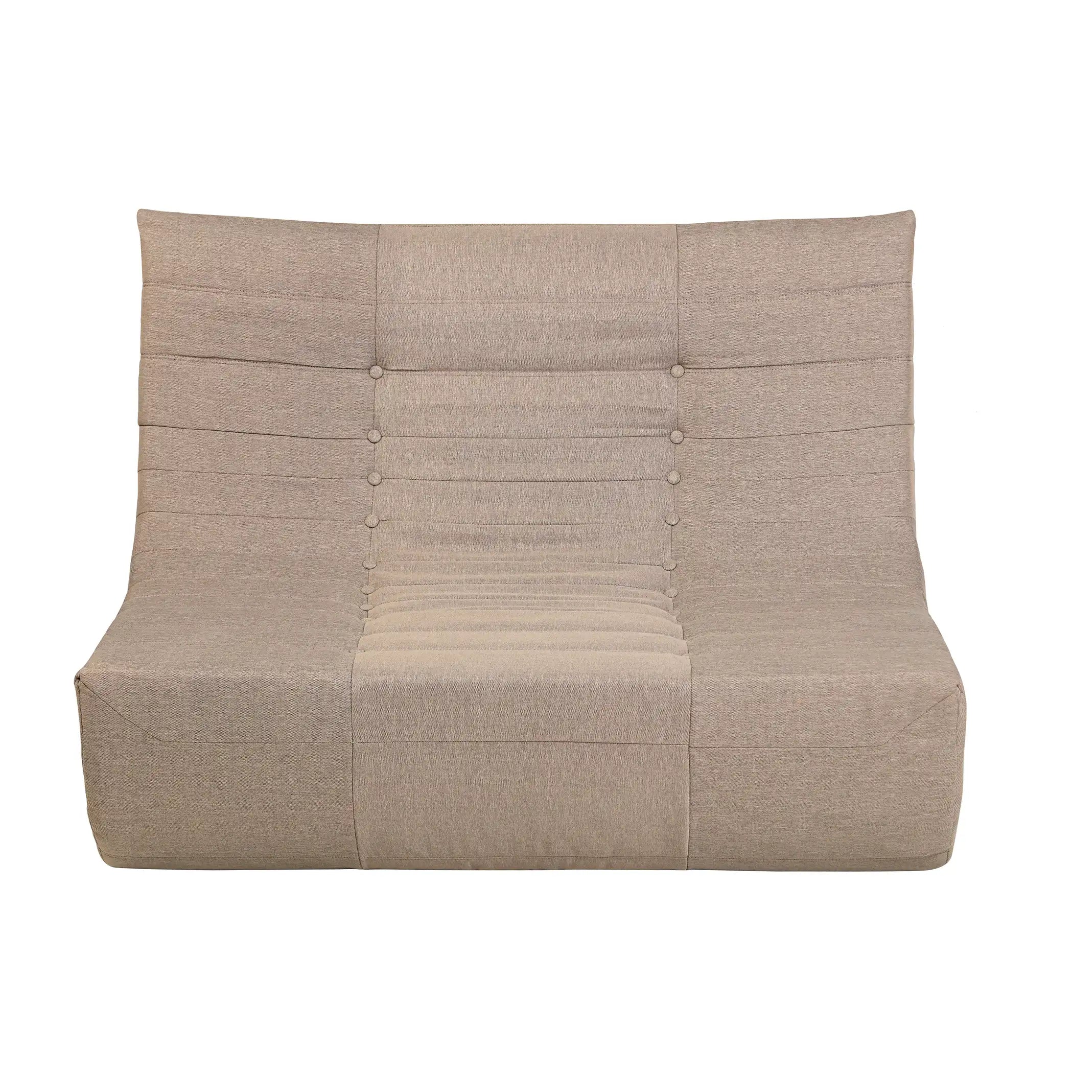 Taupe-brown back cushion of compressed foam armchair with stitched button-tufting