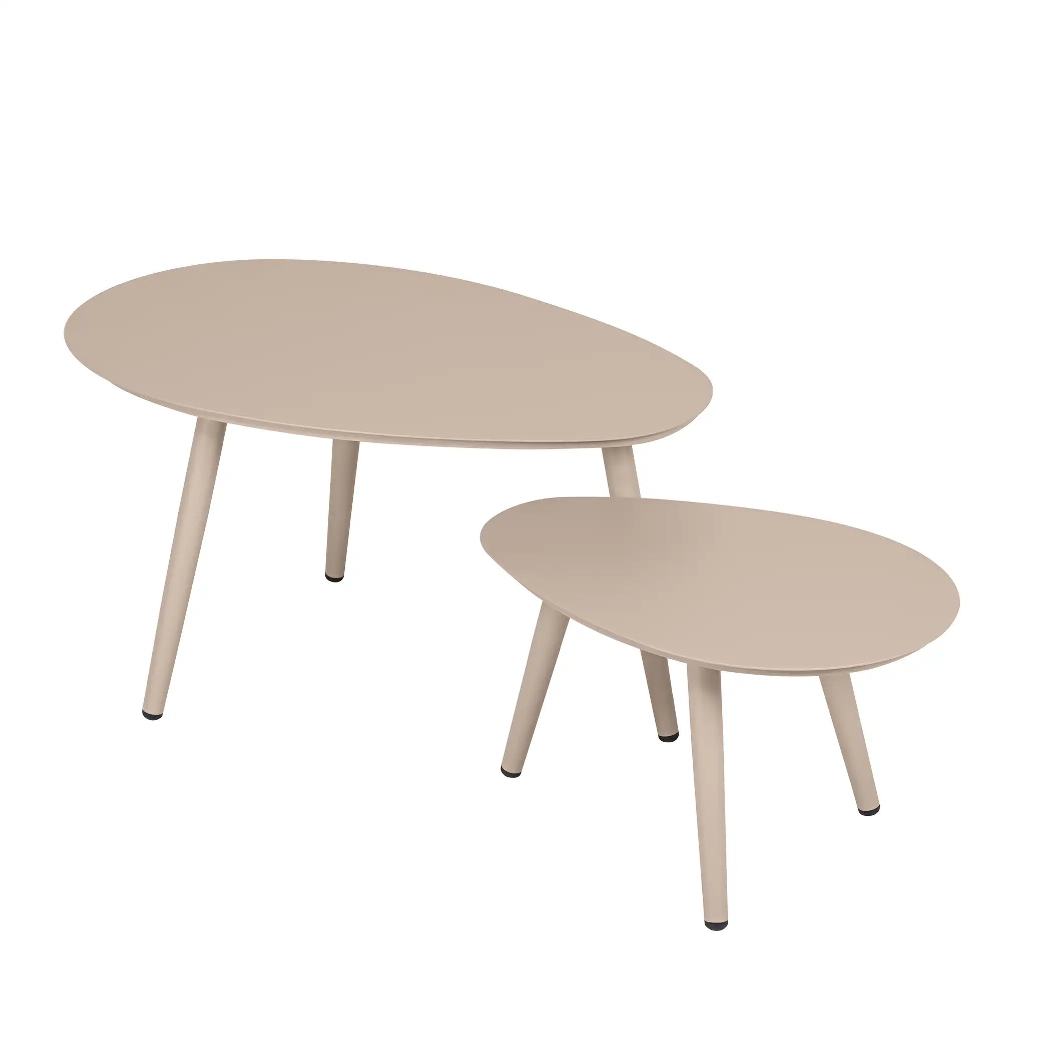 Two small beige round side tables with slender legs