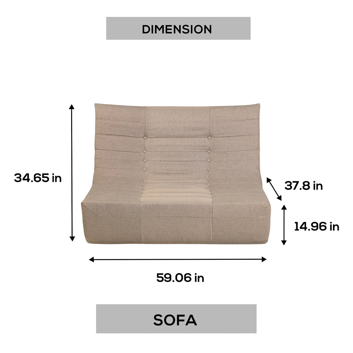 Brown compressed foam sofa dimension diagram with labeled width, height, and depth