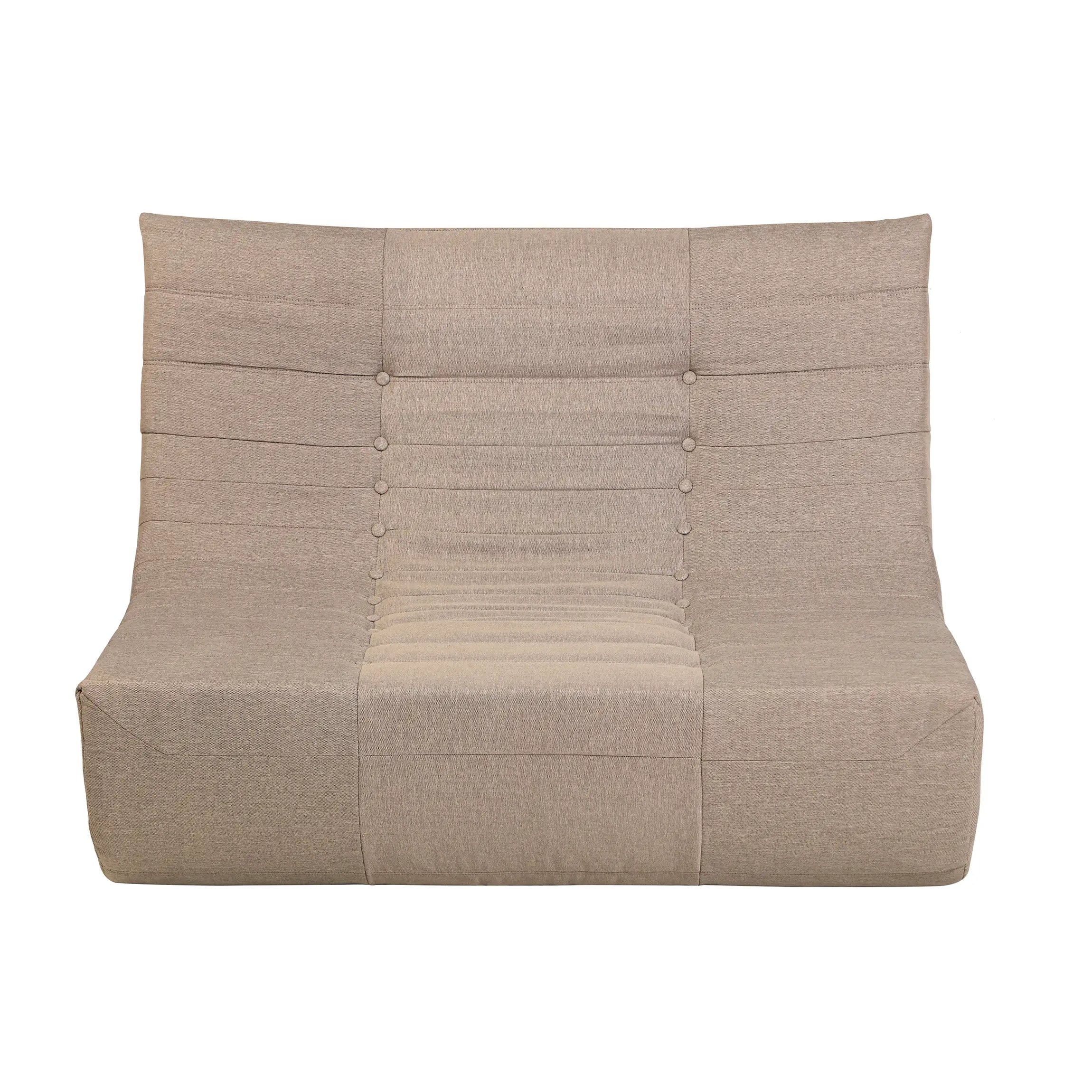 Brown compressed foam sofa front view with vertical tufted buttons and cushion seams