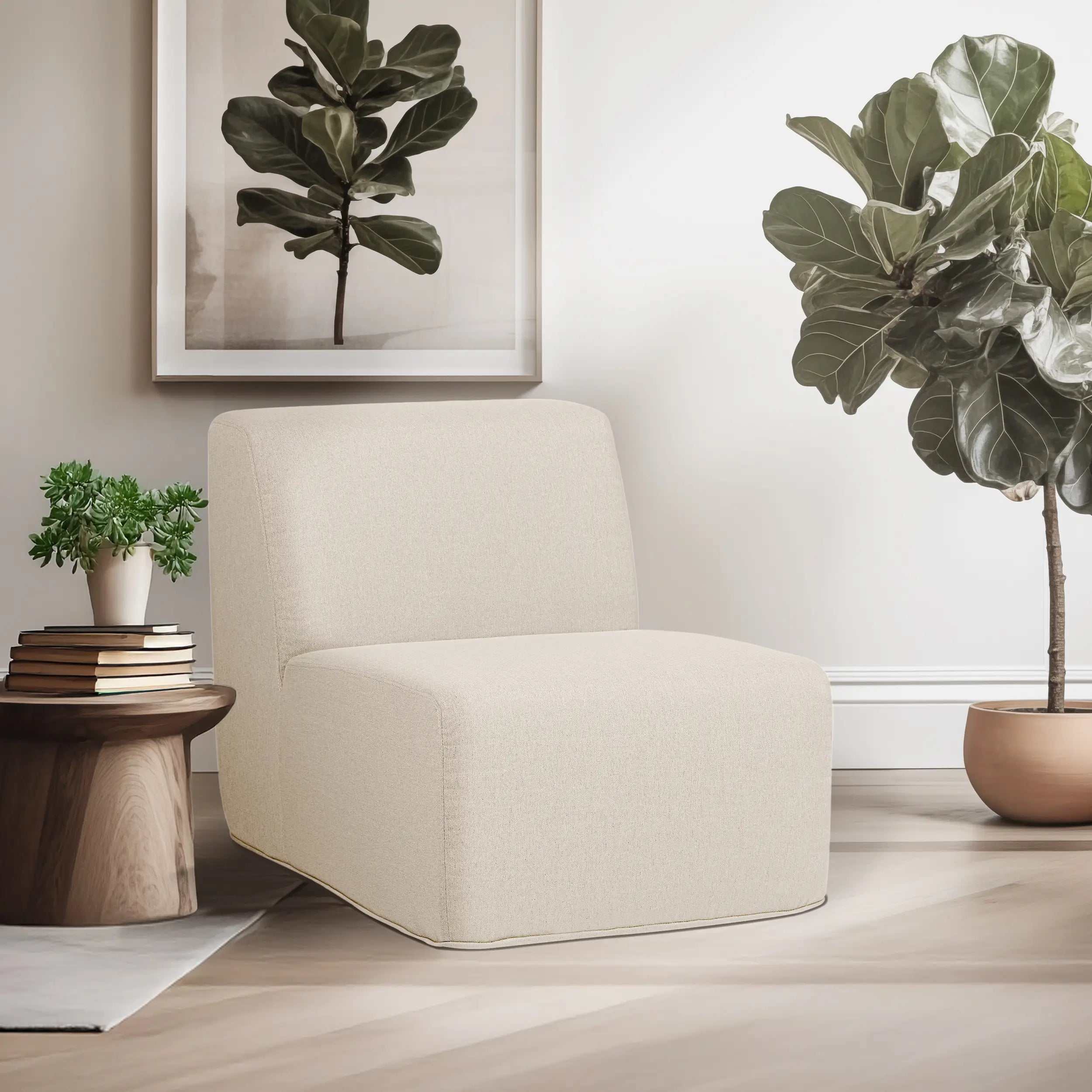 Beige armless upholstered chair with tall backrest and curved seat base