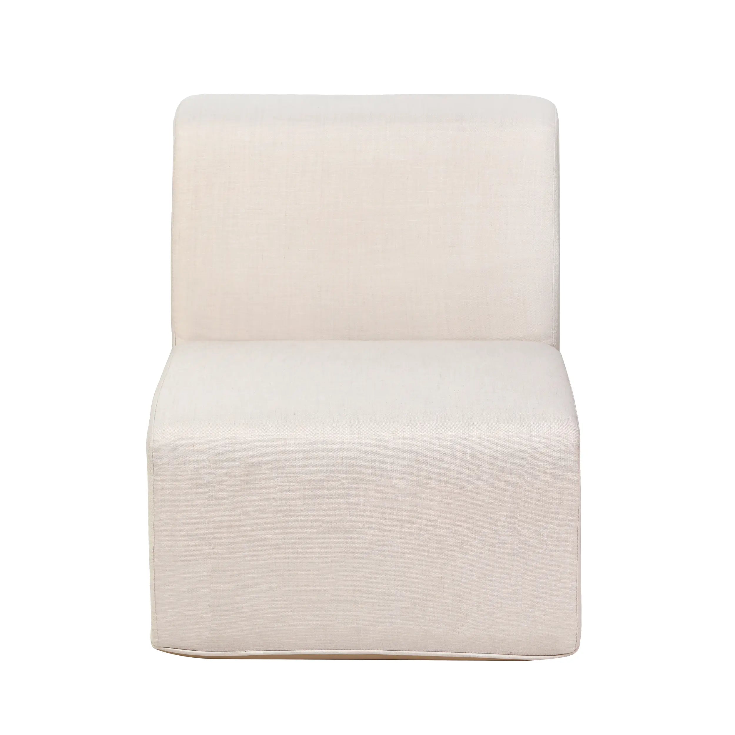 Beige armless upholstered chair with tall backrest and cushioned seat