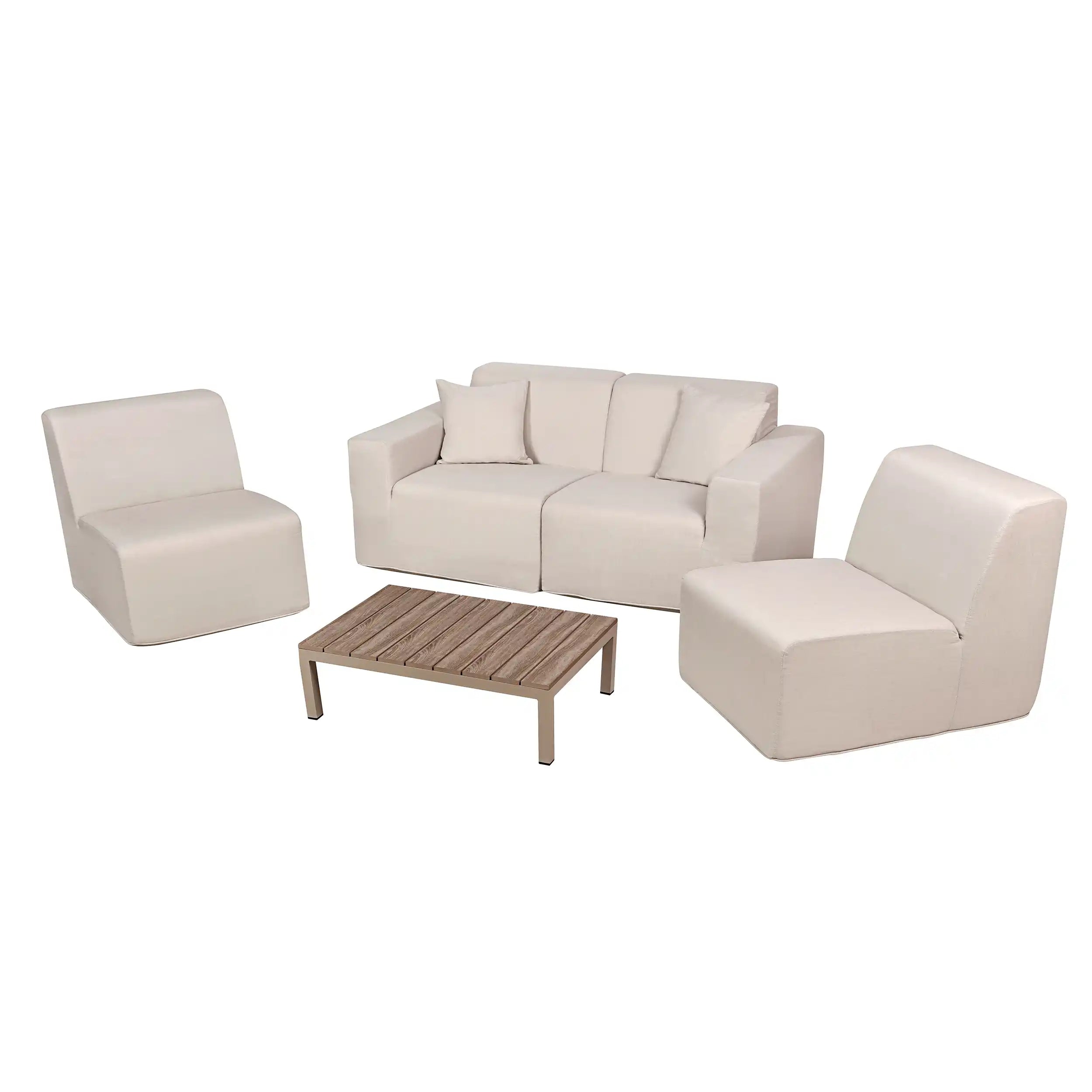 Beige sectional sofa set with corner chairs and ottoman coffee table