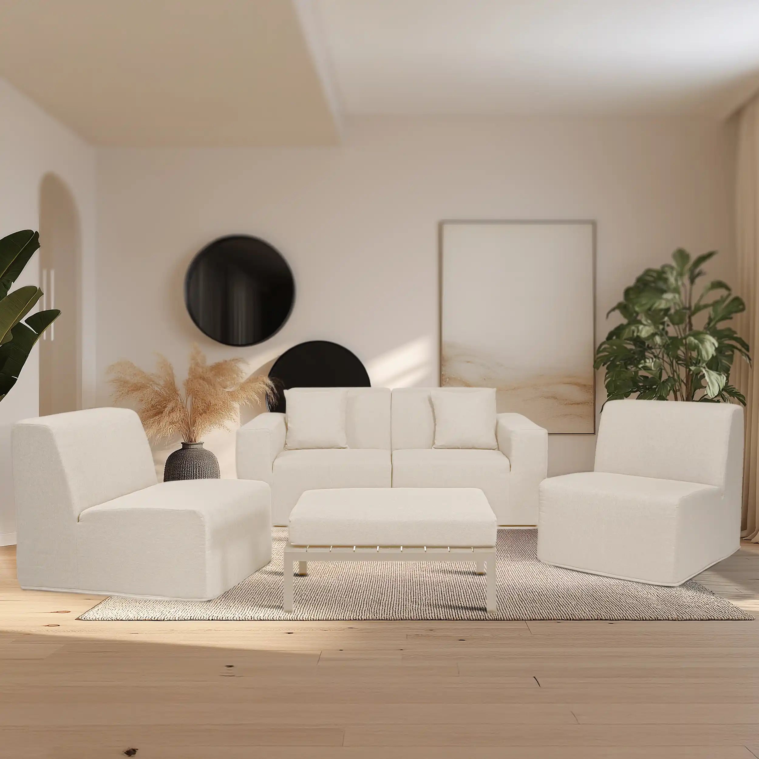 Beige sectional sofa set with ottoman and padded seating chairs in matching fabric