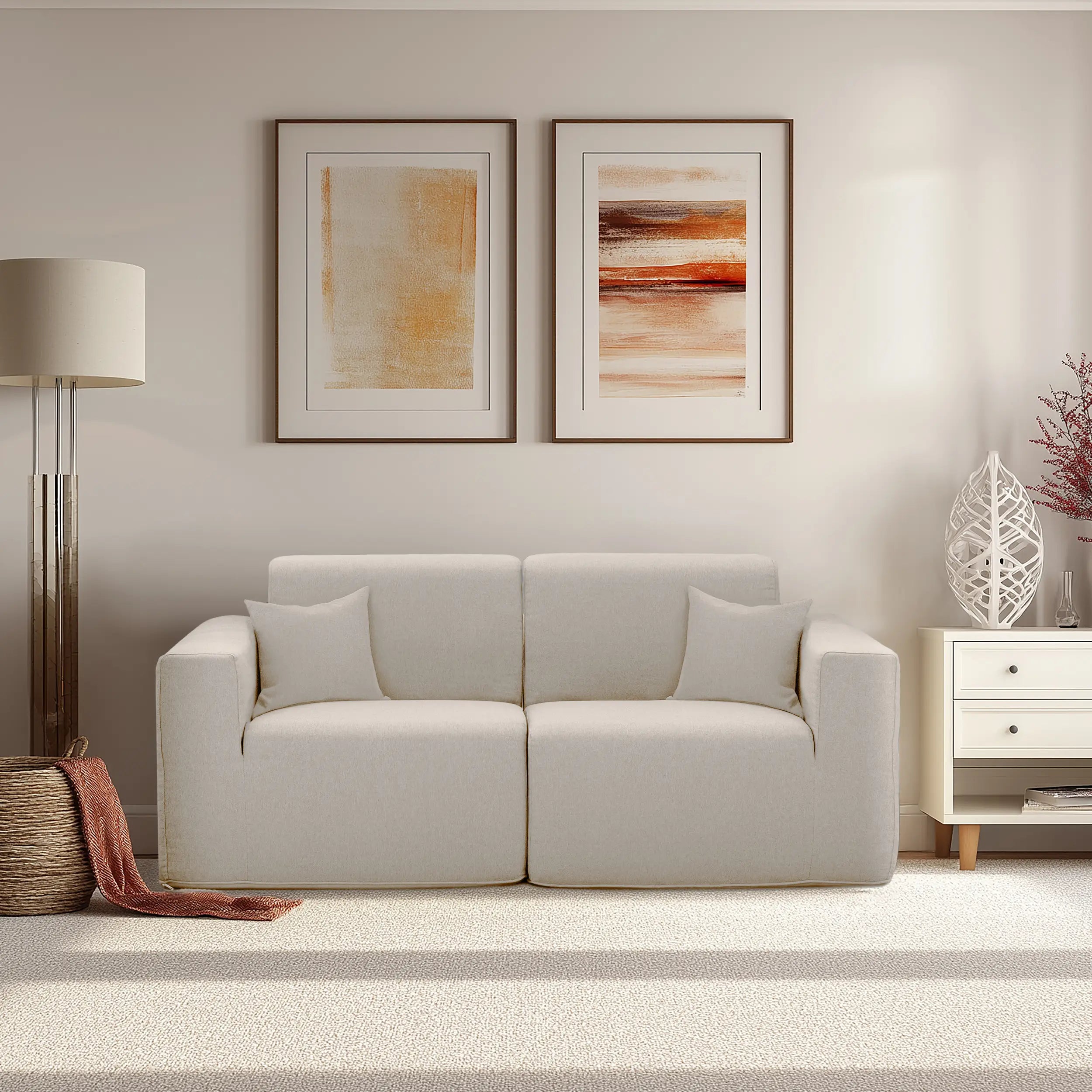 Beige 2-piece sectional sofa with square arms and four cushioned seat/back sections