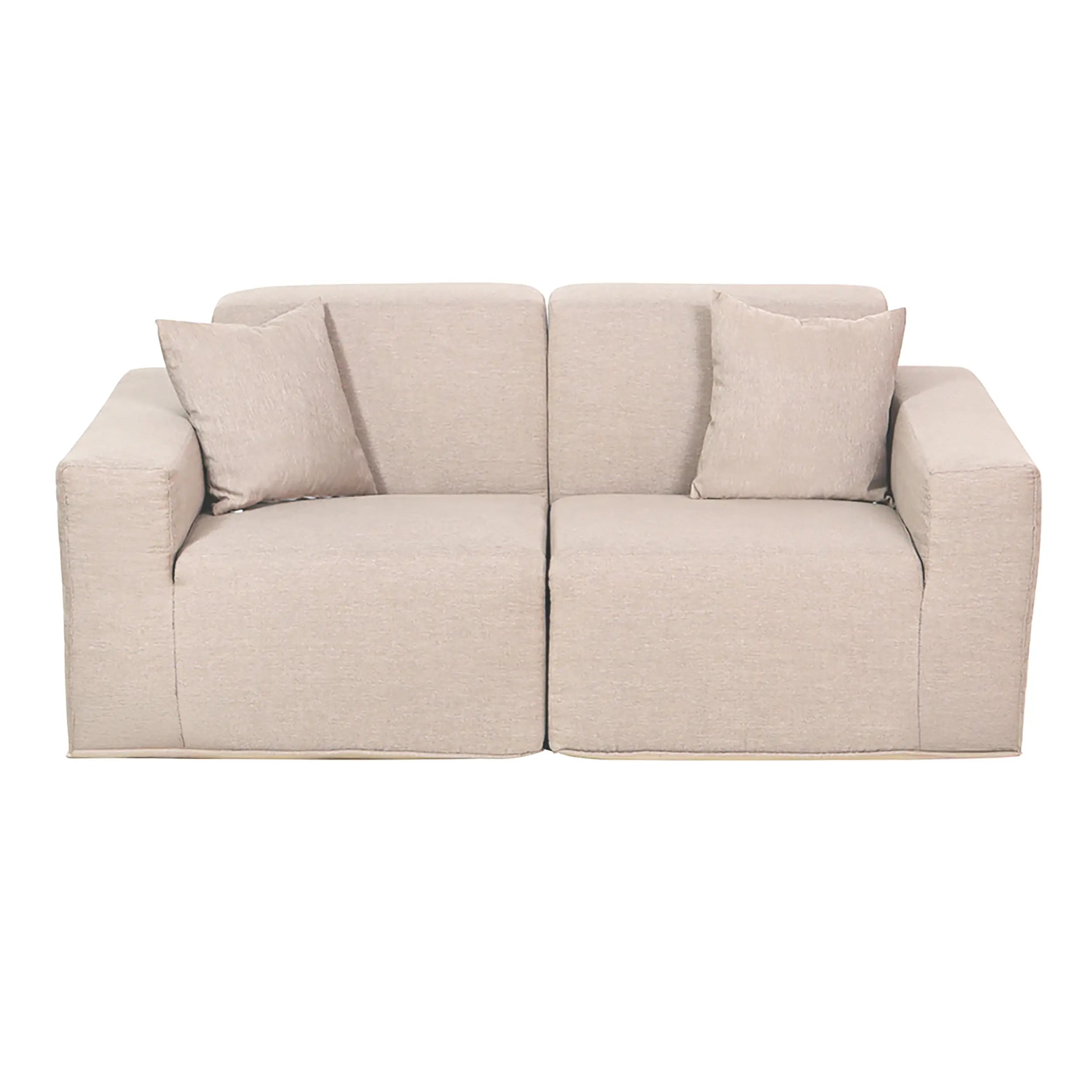 Beige 2-piece sectional sofa with boxy arms and cushioned seat and backrests