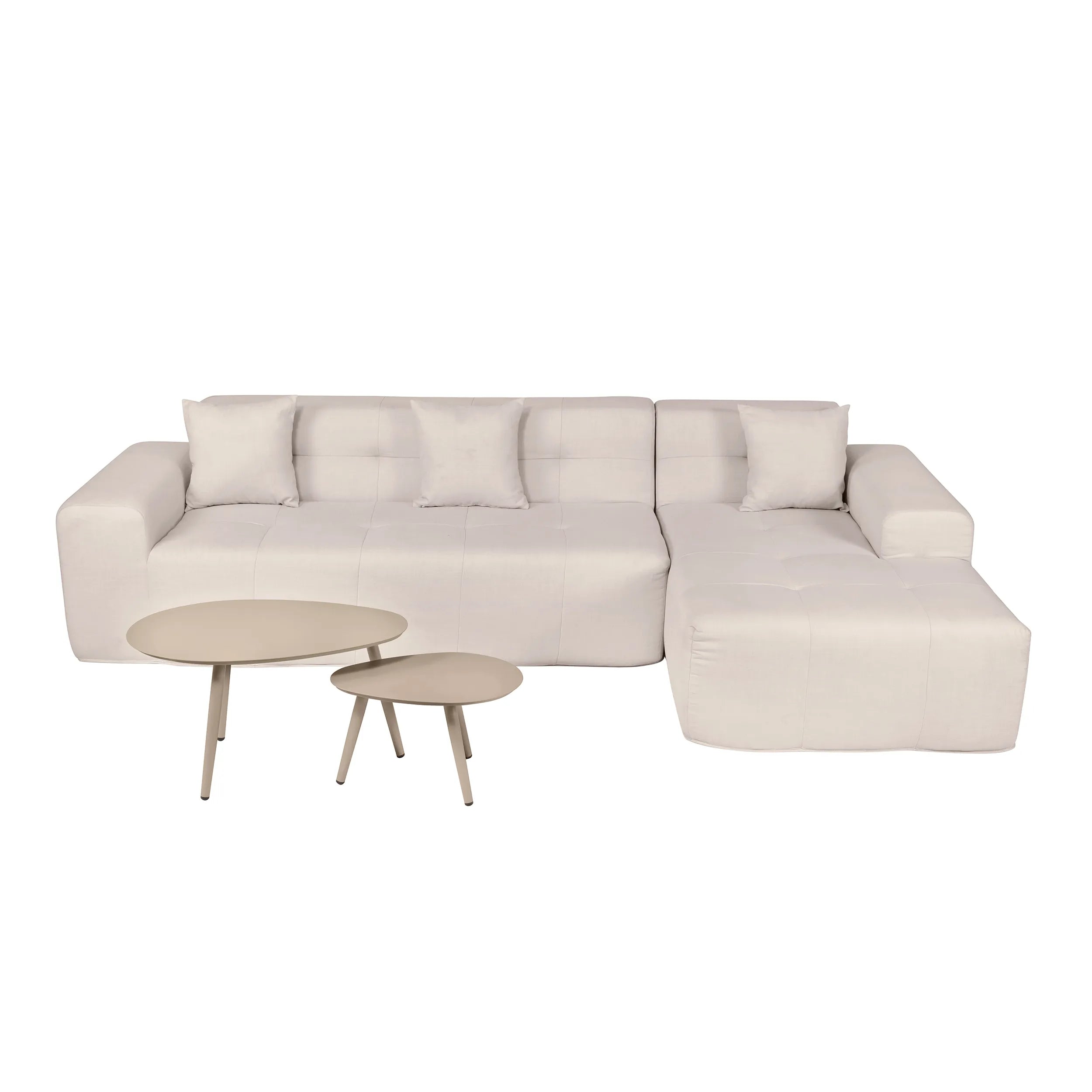 Beige sectional sofa with chaise lounge and two round nesting side tables.