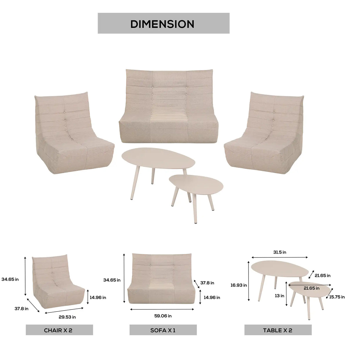 Beige compressed foam seating set: loveseat, two chairs, and two round coffee tables
