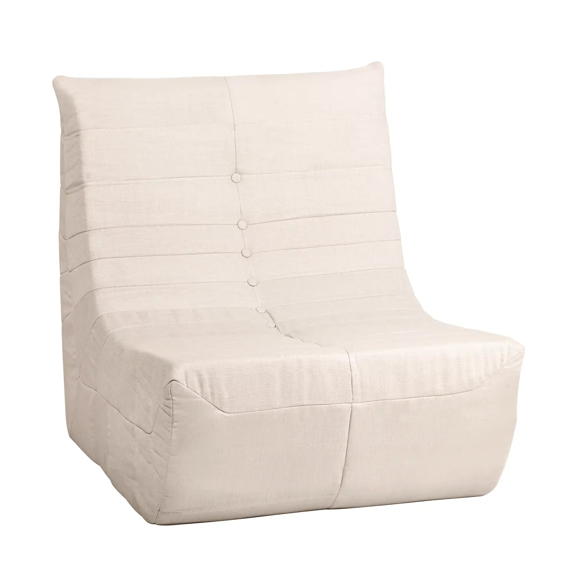 Beige compressed foam accent chair, full front view with tufted seams