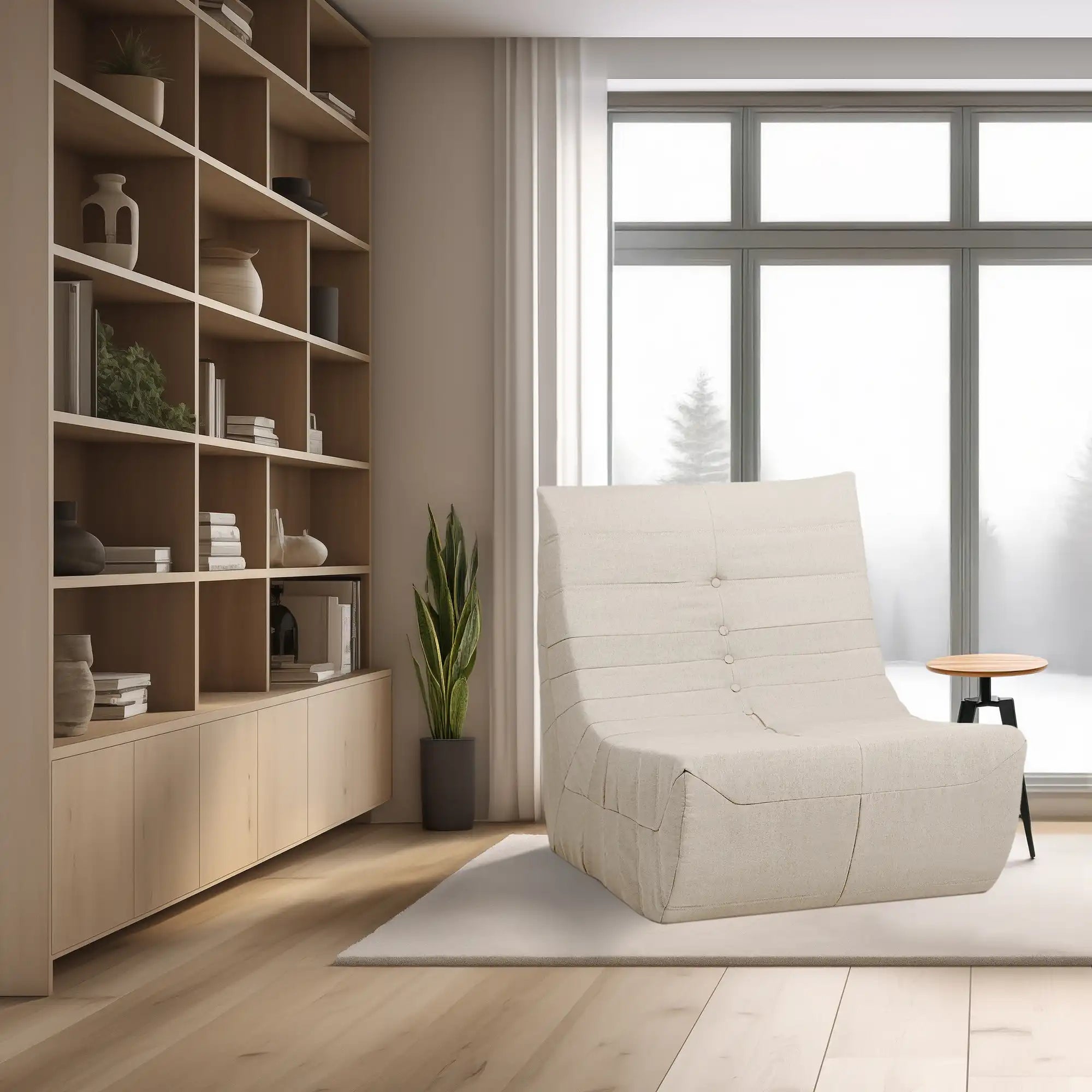 Beige compressed foam accent chair with rounded back and padded seat